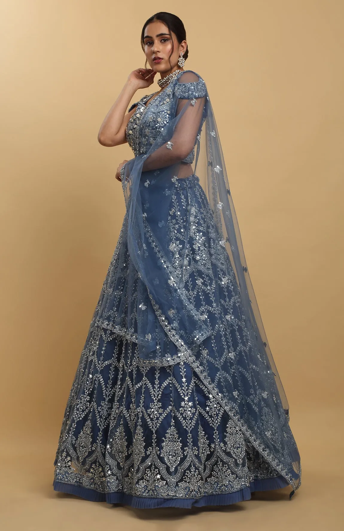 Blue Net Embroidered Mirror Round Neck Rangrez Lehenga Set - Rent