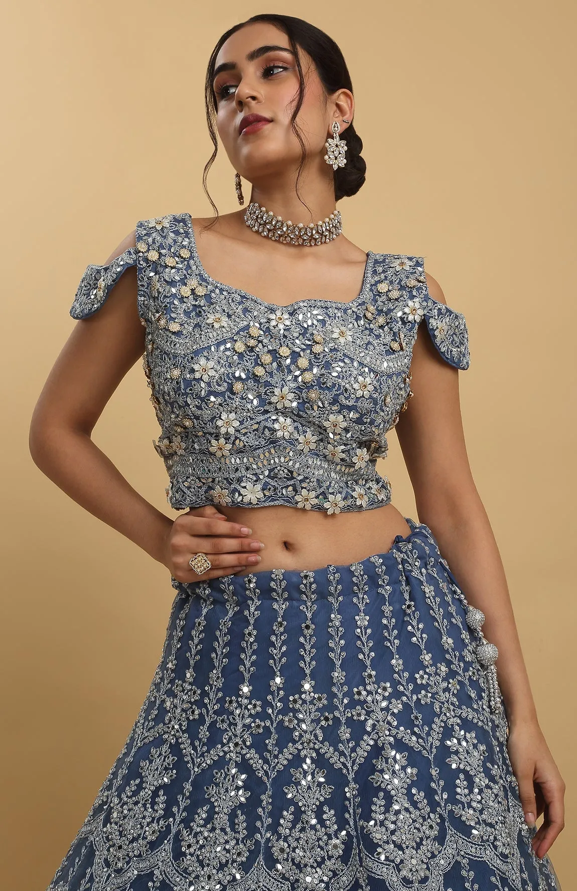 Blue Net Embroidered Mirror Round Neck Rangrez Lehenga Set - Rent