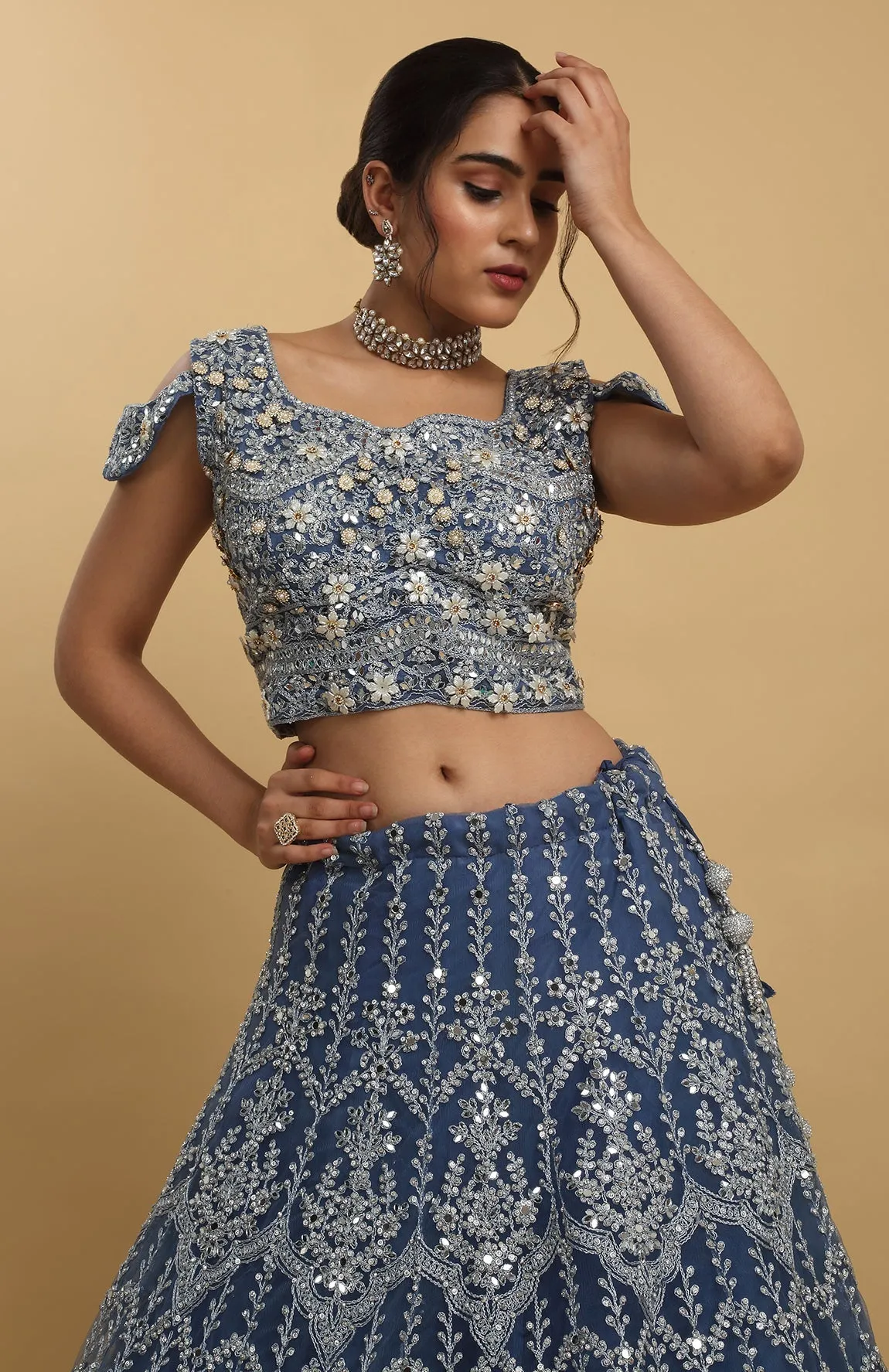 Blue Net Embroidered Mirror Round Neck Rangrez Lehenga Set - Rent