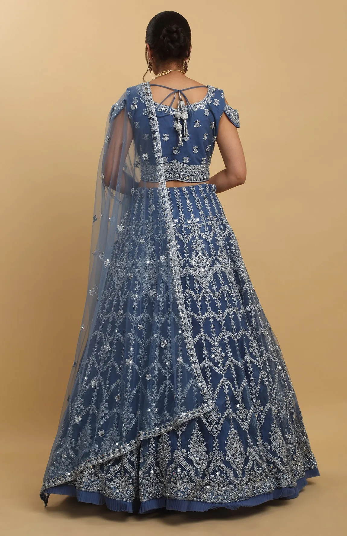 Blue Net Embroidered Mirror Round Neck Rangrez Lehenga Set - Rent