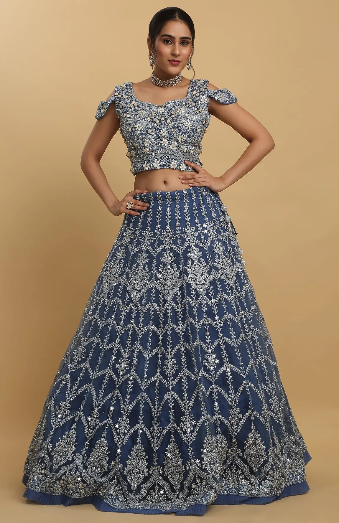 Blue Net Embroidered Mirror Round Neck Rangrez Lehenga Set - Rent