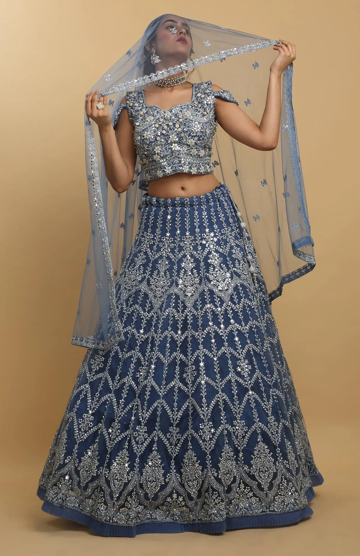 Blue Net Embroidered Mirror Round Neck Rangrez Lehenga Set - Rent