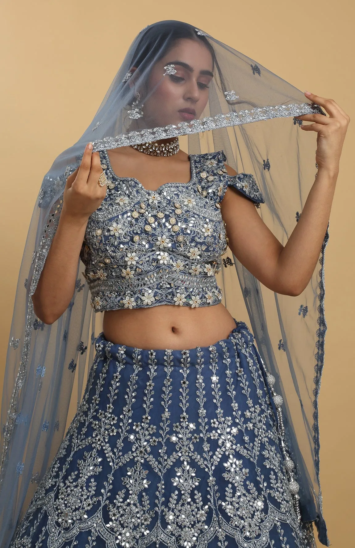 Blue Net Embroidered Mirror Round Neck Rangrez Lehenga Set - Rent