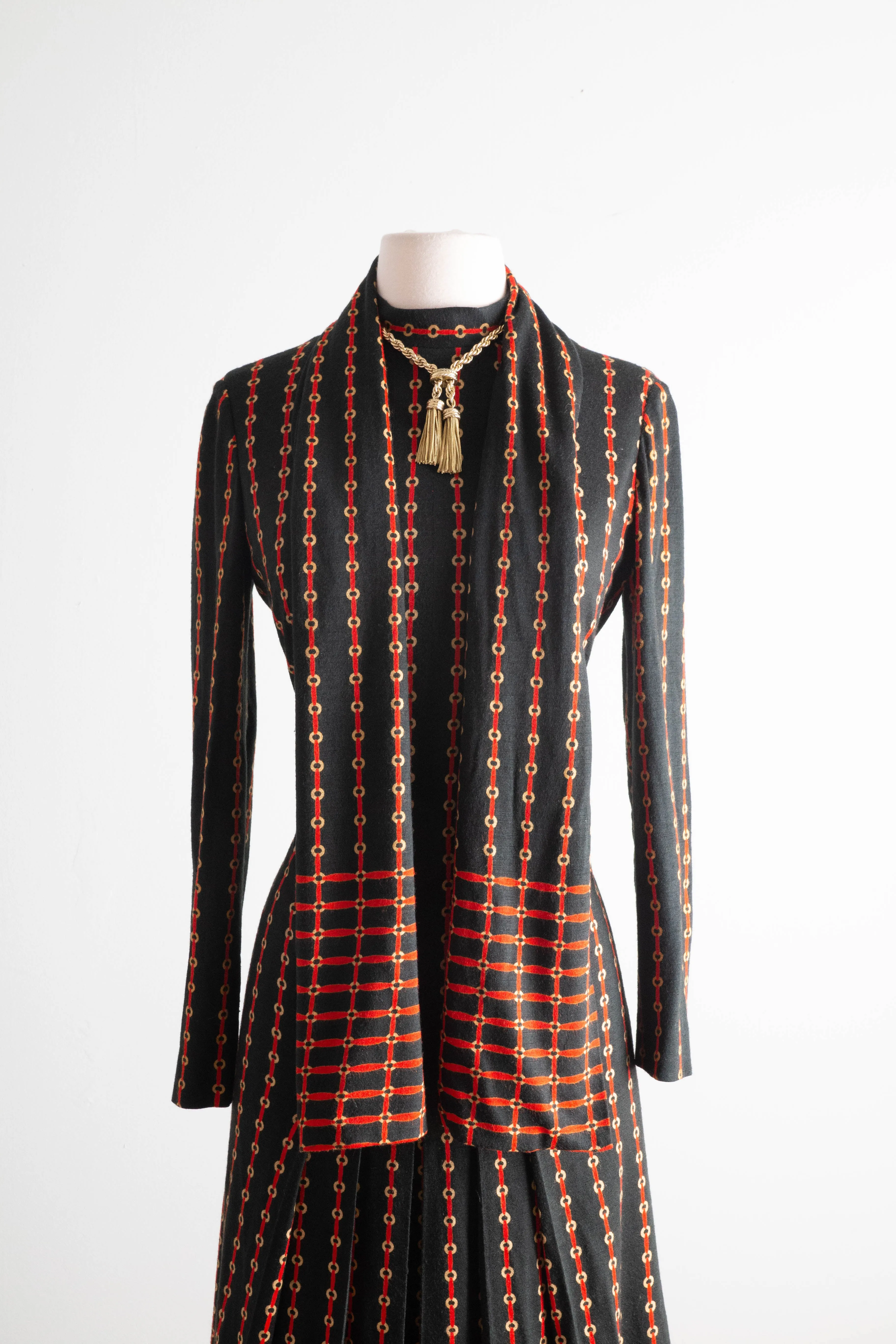 Chic 1970's Adele Simpson Wool Jersey Equestrian Pleated Dress / Medium