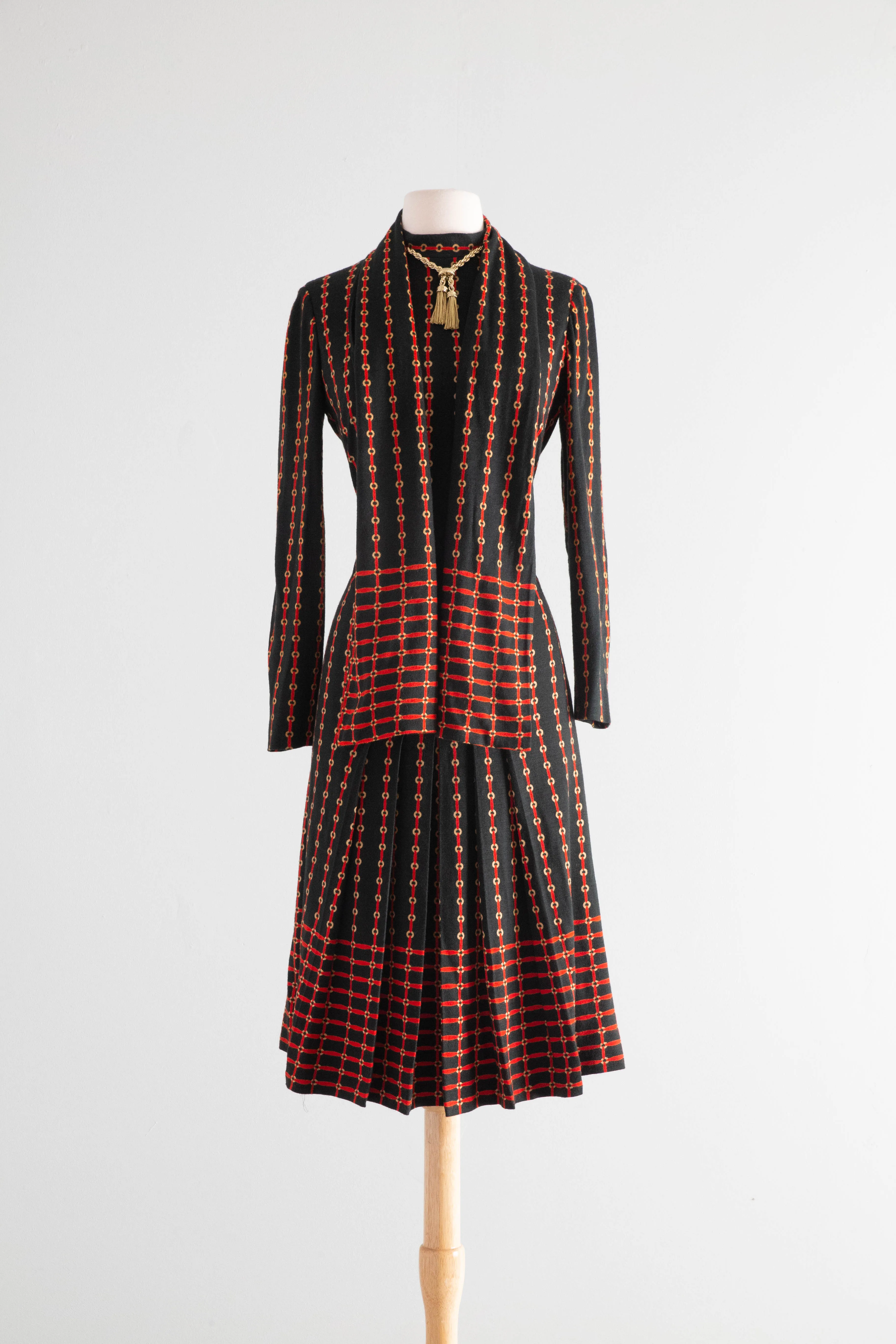 Chic 1970's Adele Simpson Wool Jersey Equestrian Pleated Dress / Medium