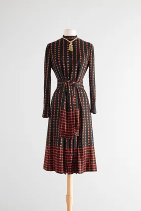 Chic 1970's Adele Simpson Wool Jersey Equestrian Pleated Dress / Medium