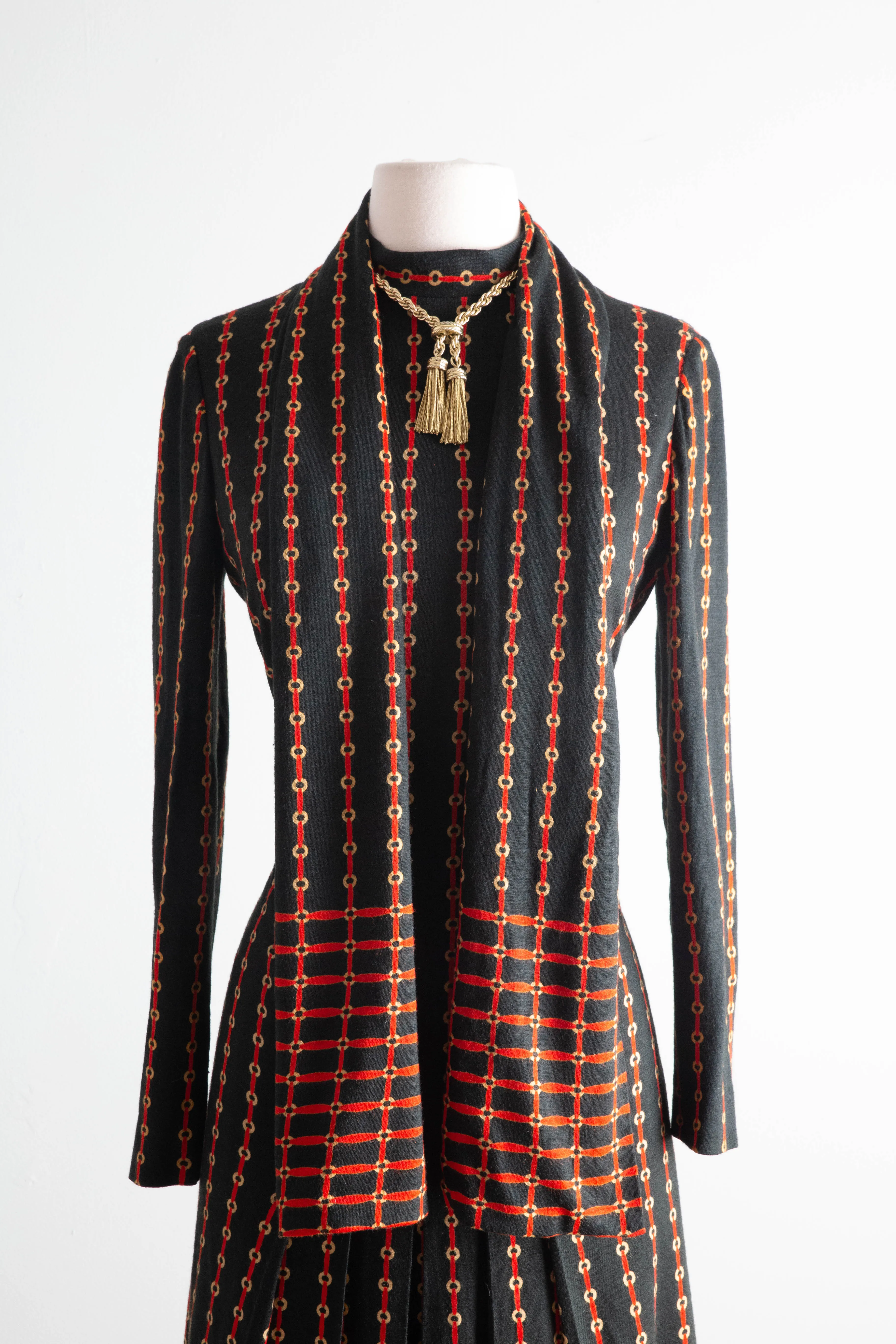 Chic 1970's Adele Simpson Wool Jersey Equestrian Pleated Dress / Medium