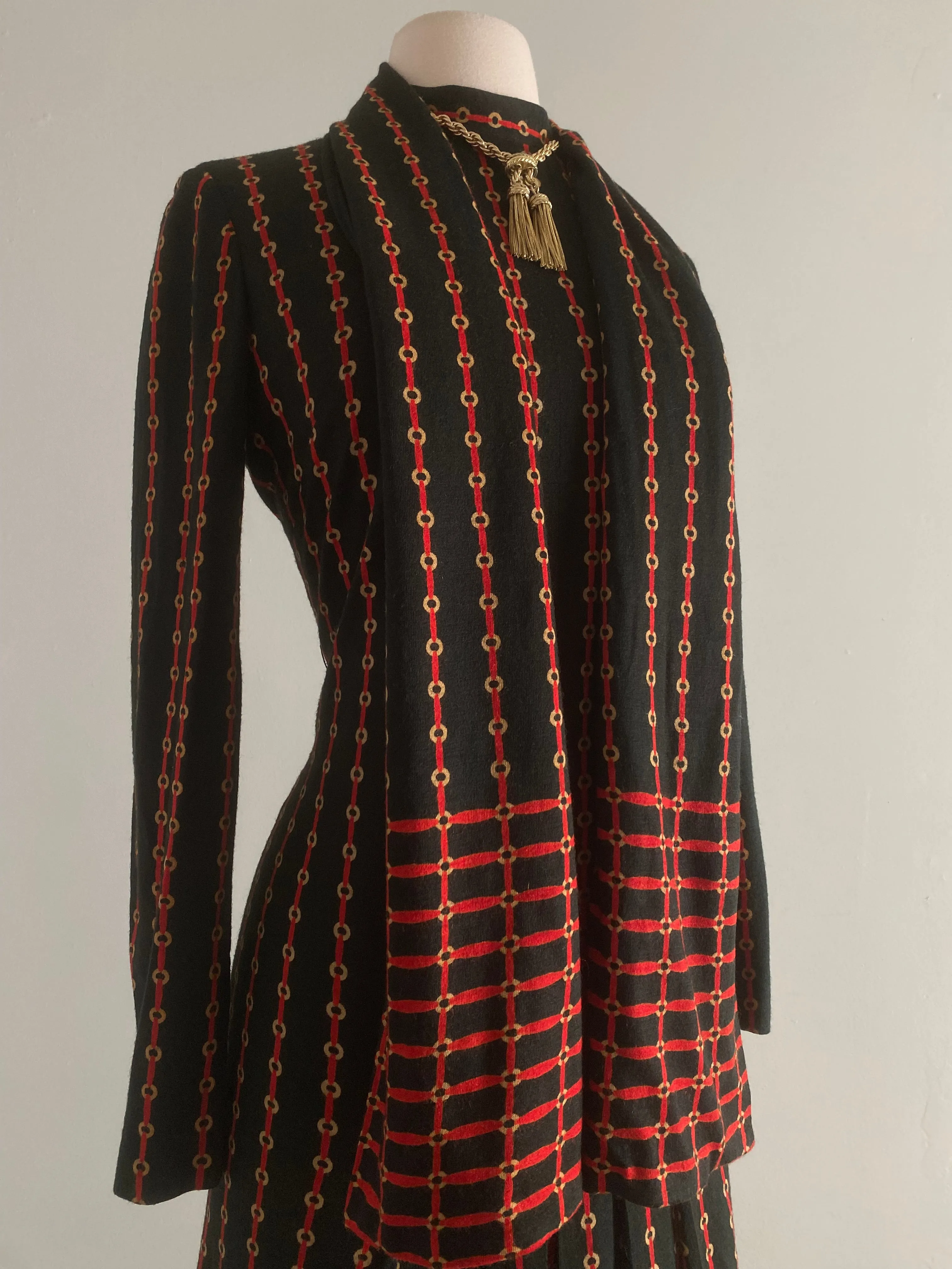 Chic 1970's Adele Simpson Wool Jersey Equestrian Pleated Dress / Medium