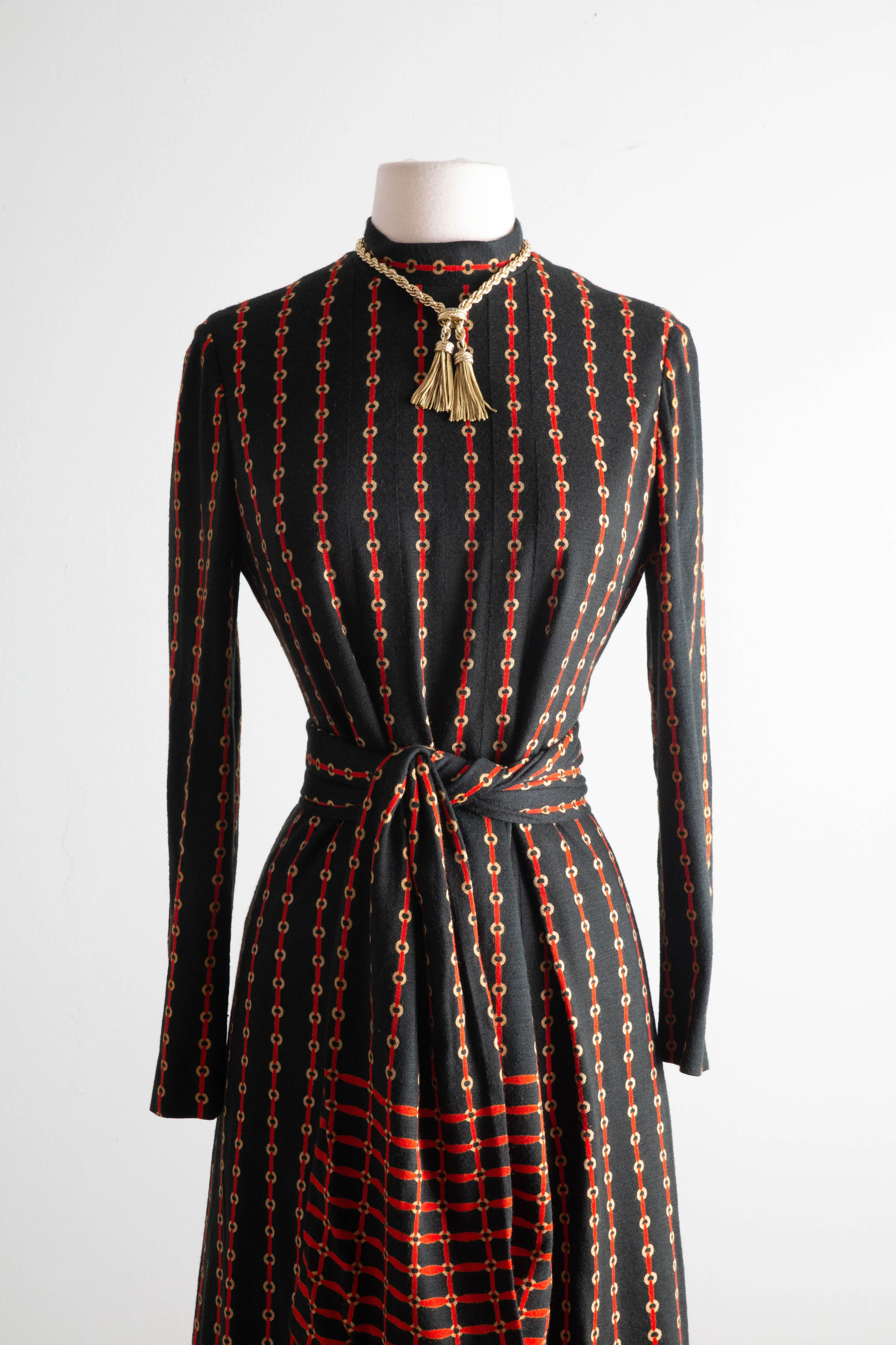 Chic 1970's Adele Simpson Wool Jersey Equestrian Pleated Dress / Medium