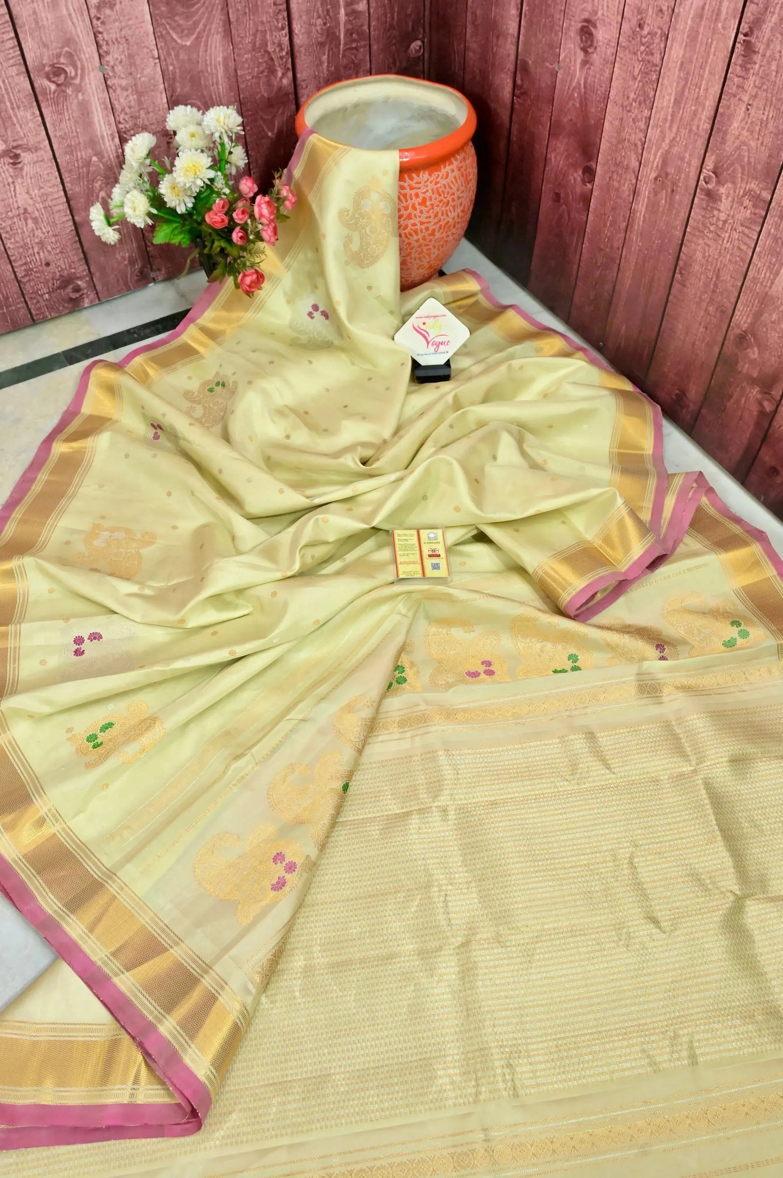 Cream Color Gadwal Silk Saree with Allover Buti and Meenakari Work