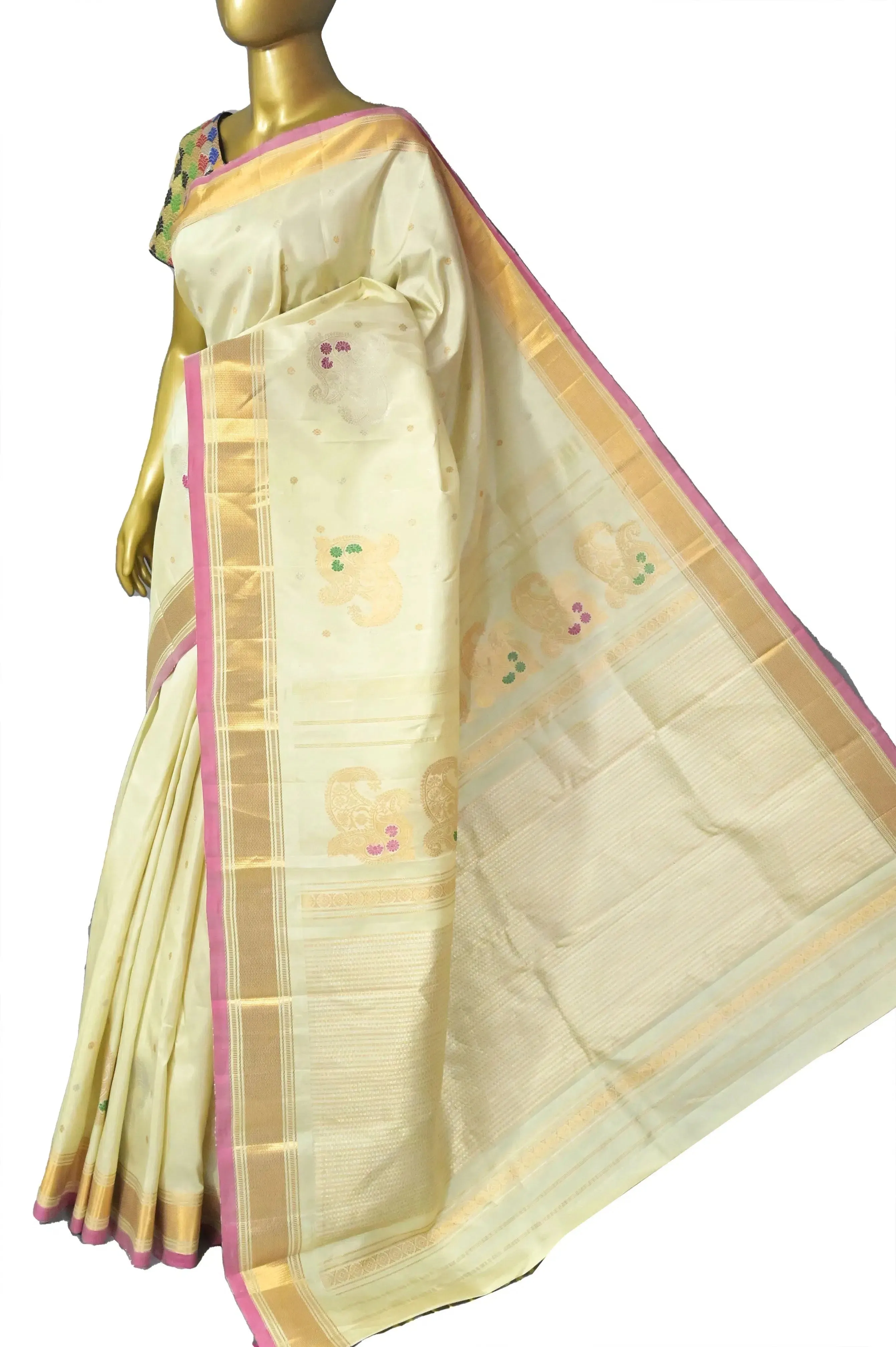 Cream Color Gadwal Silk Saree with Allover Buti and Meenakari Work