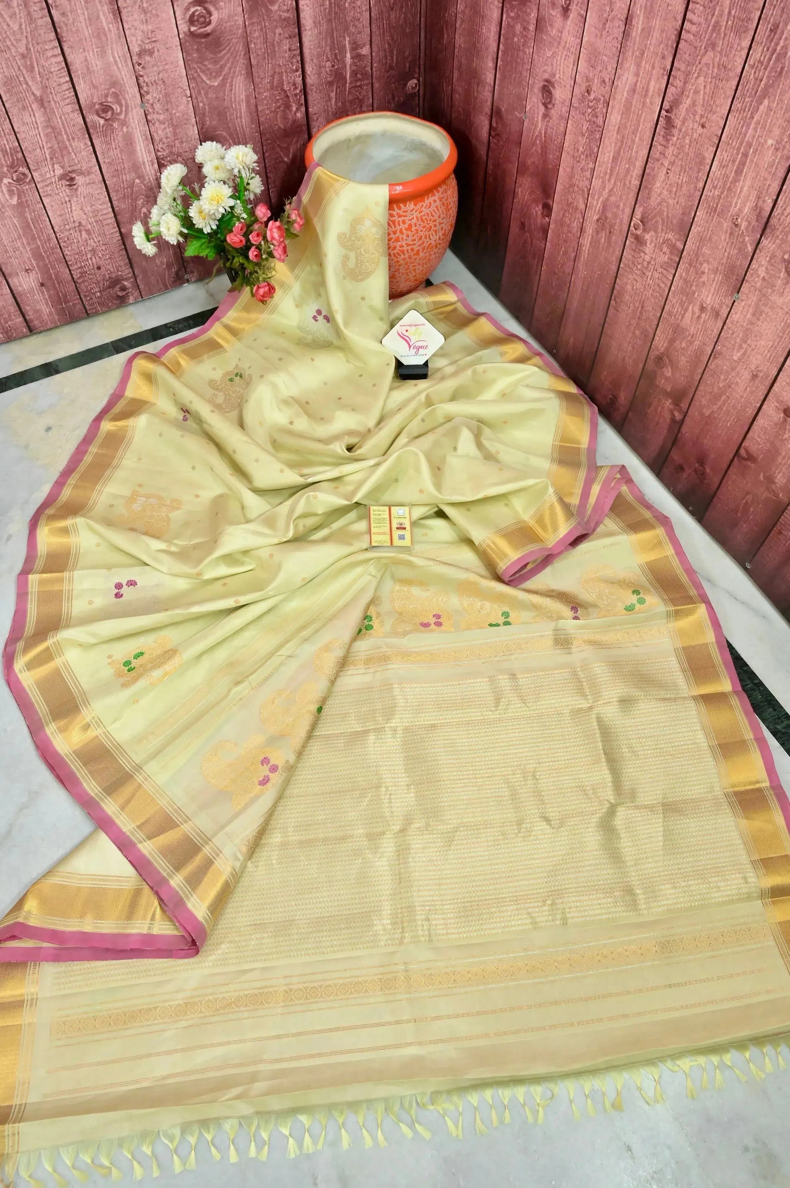 Cream Color Gadwal Silk Saree with Allover Buti and Meenakari Work