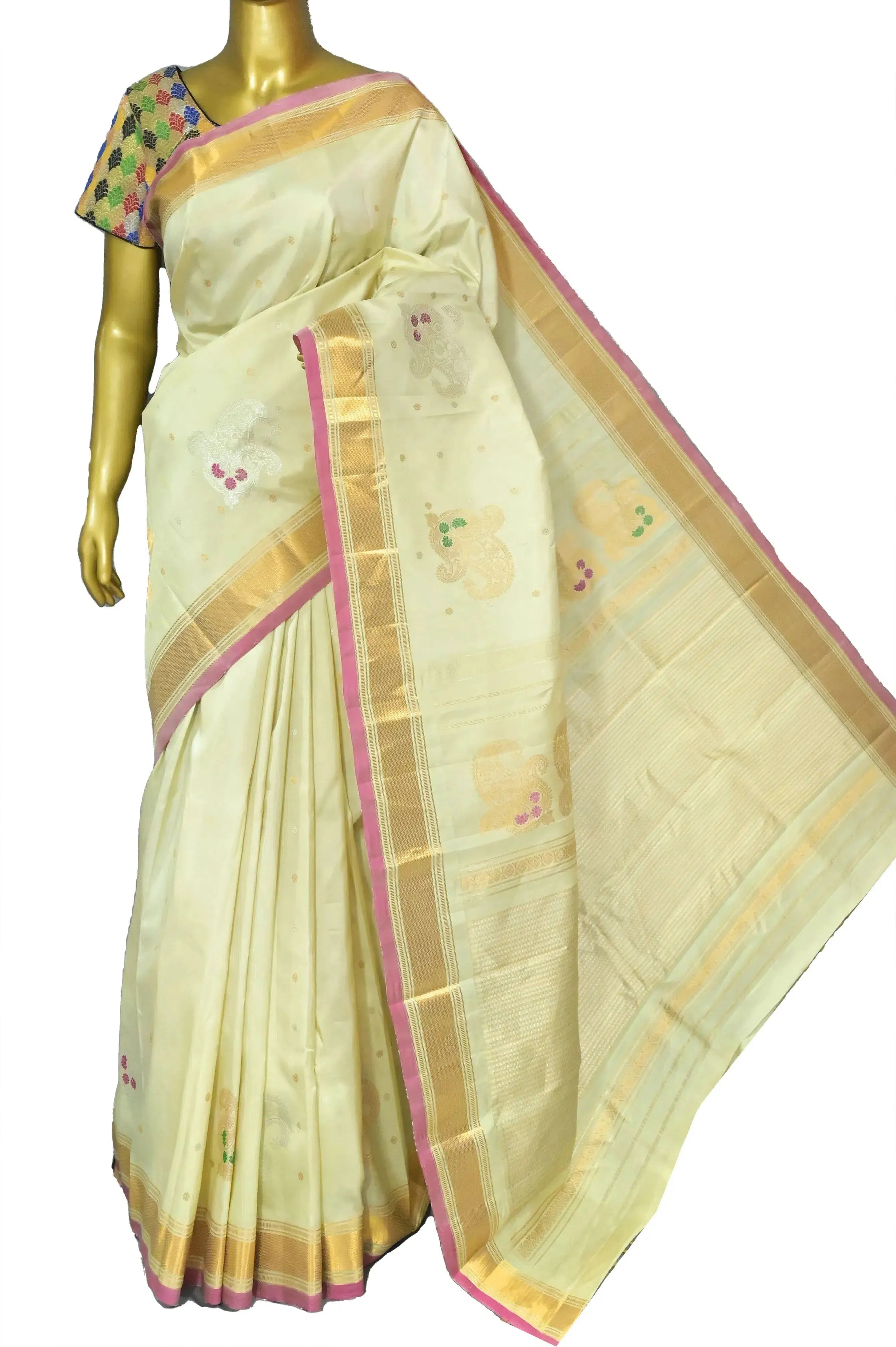 Cream Color Gadwal Silk Saree with Allover Buti and Meenakari Work