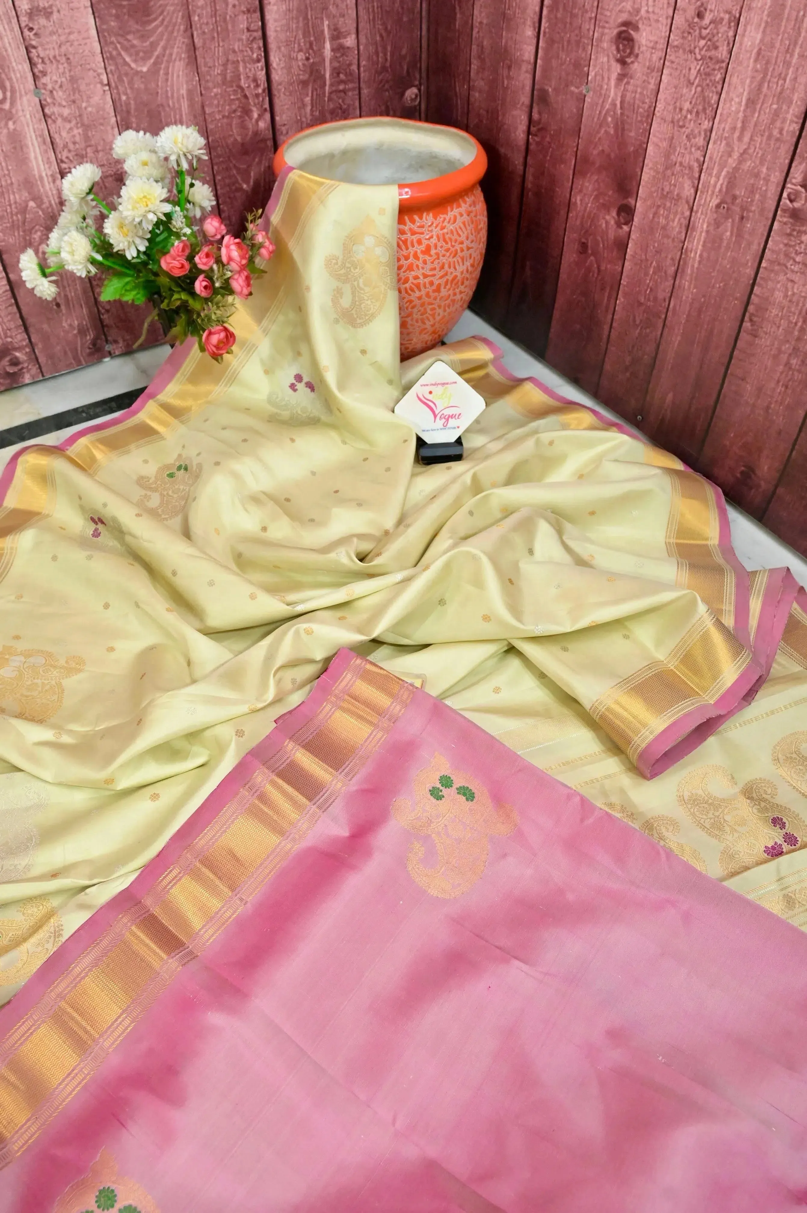 Cream Color Gadwal Silk Saree with Allover Buti and Meenakari Work