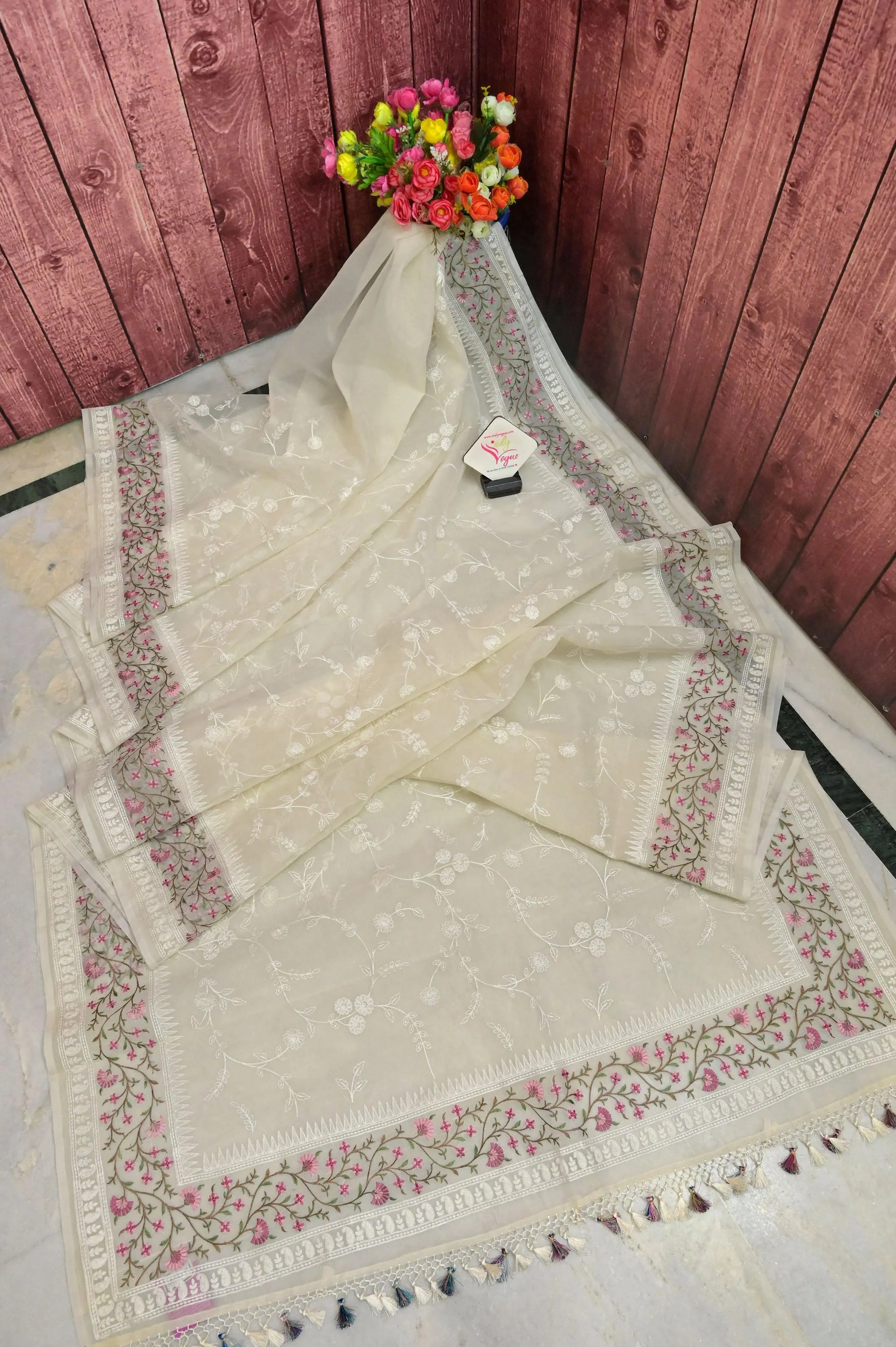 Cream Color Organza Saree with Machine Embroidery and Jaal Work