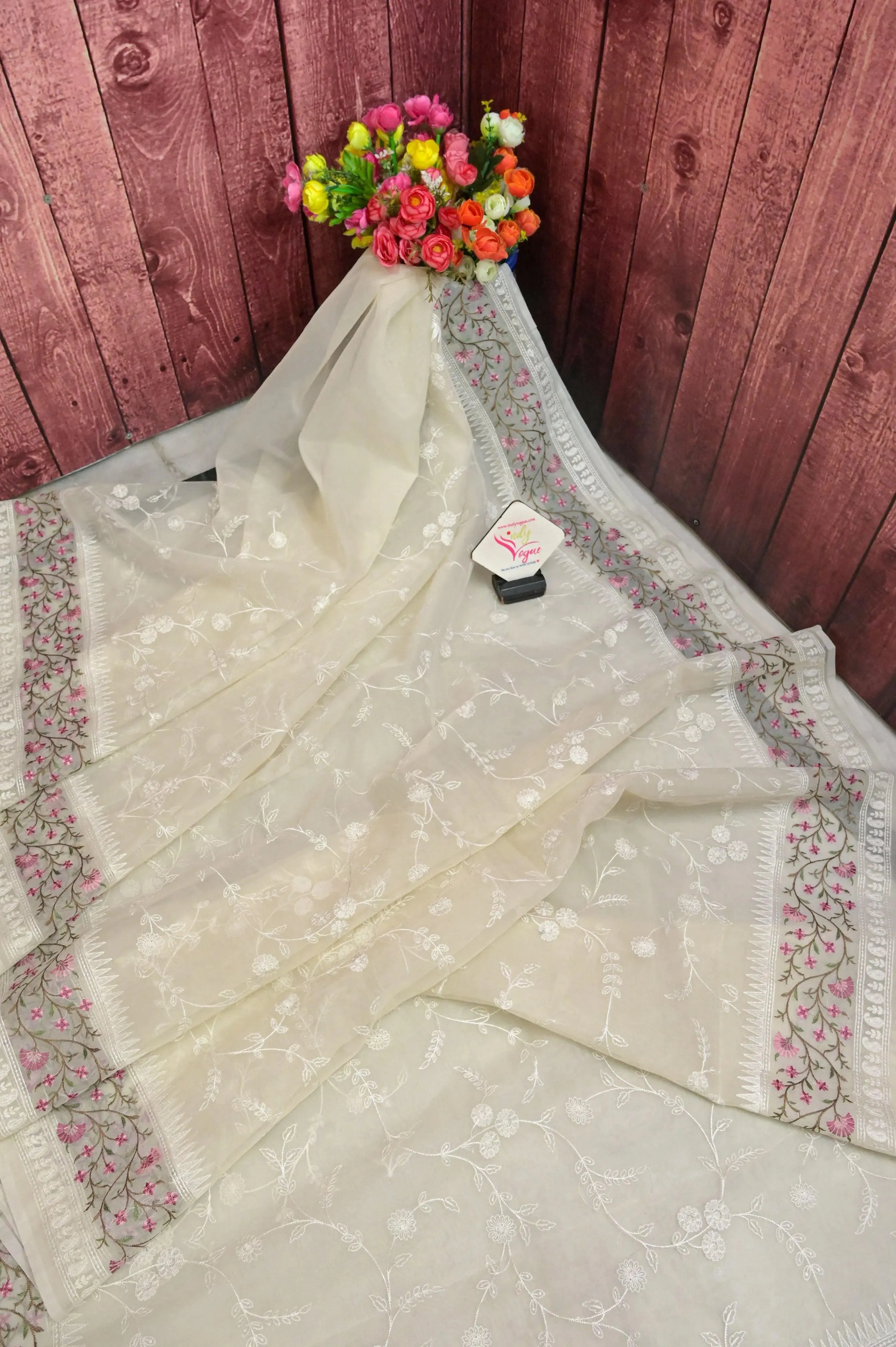 Cream Color Organza Saree with Machine Embroidery and Jaal Work