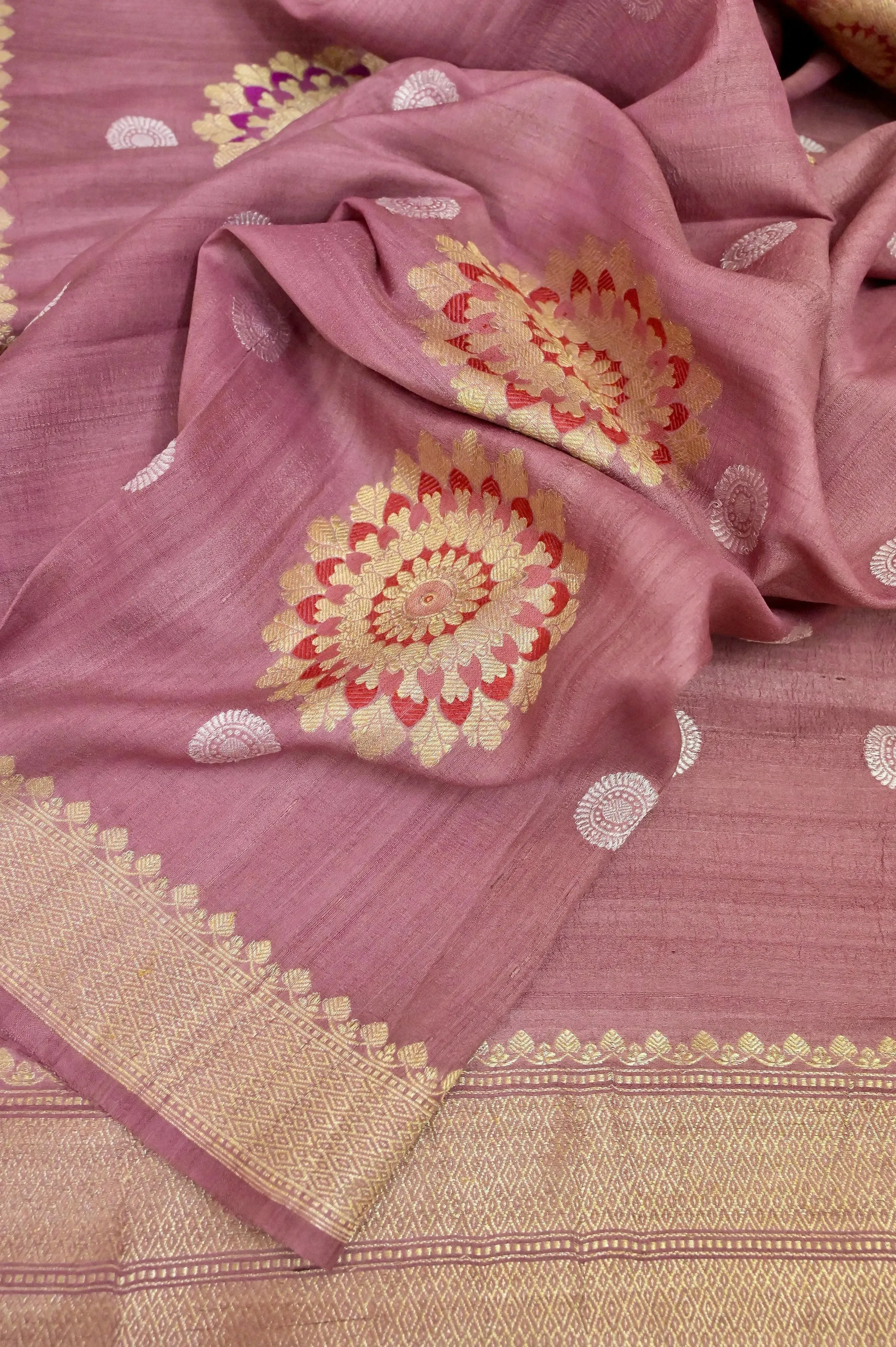 Dark Cameo Pink Color Tussar Georgette Banarasi Saree with Meenakari Work.