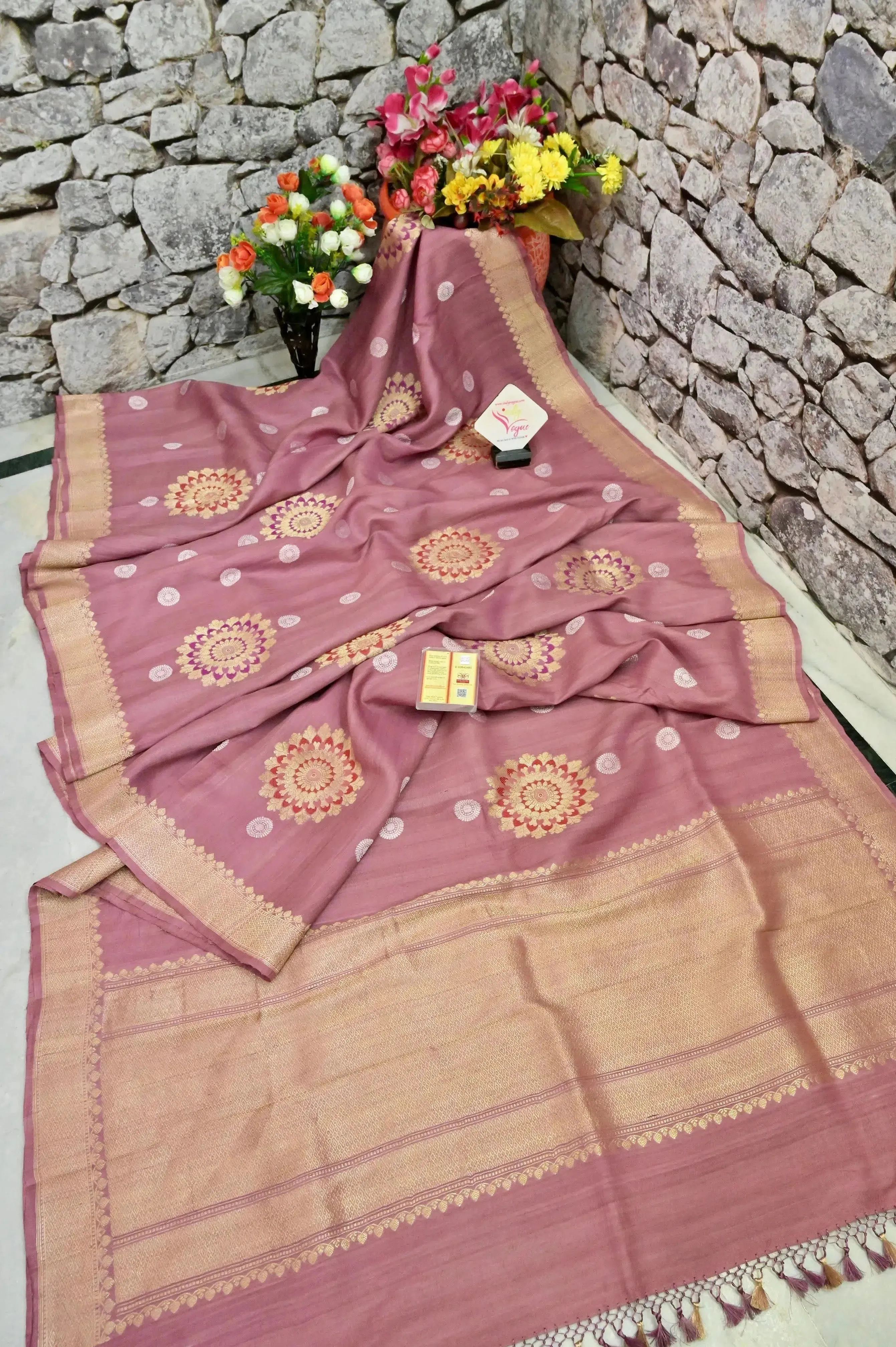 Dark Cameo Pink Color Tussar Georgette Banarasi Saree with Meenakari Work.