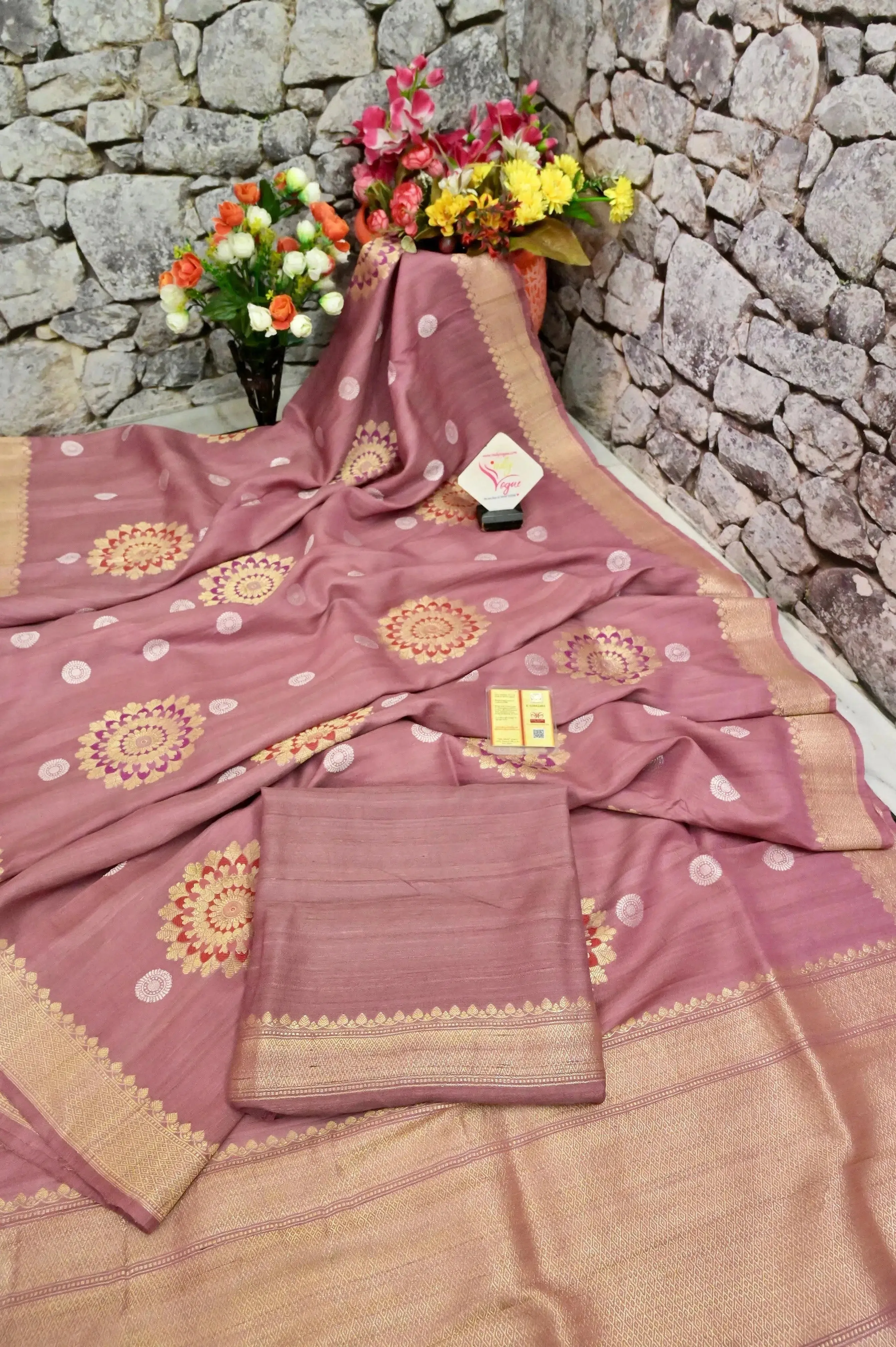 Dark Cameo Pink Color Tussar Georgette Banarasi Saree with Meenakari Work.