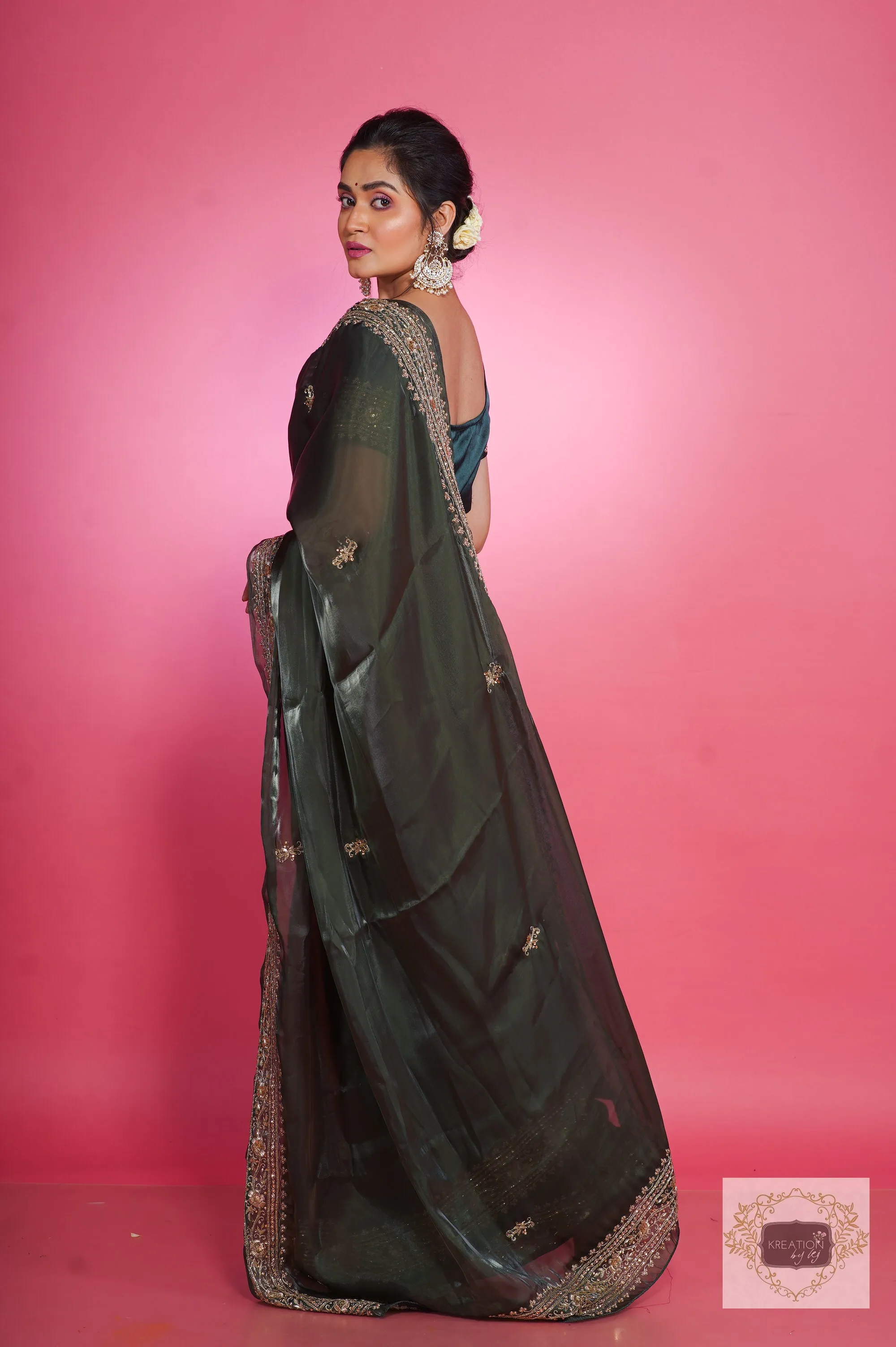 Dark Green Zarina Glassy Organza Saree