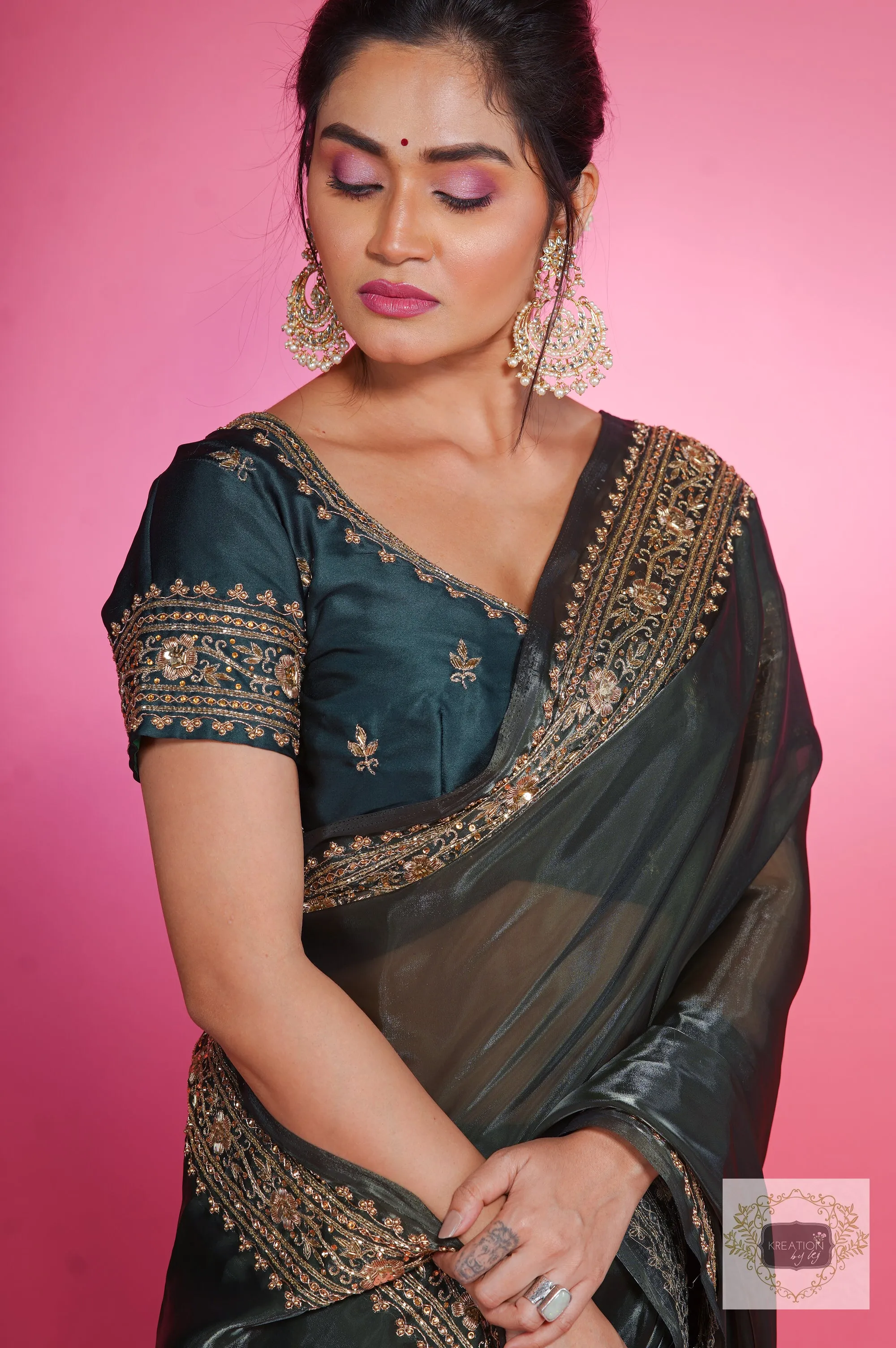 Dark Green Zarina Glassy Organza Saree