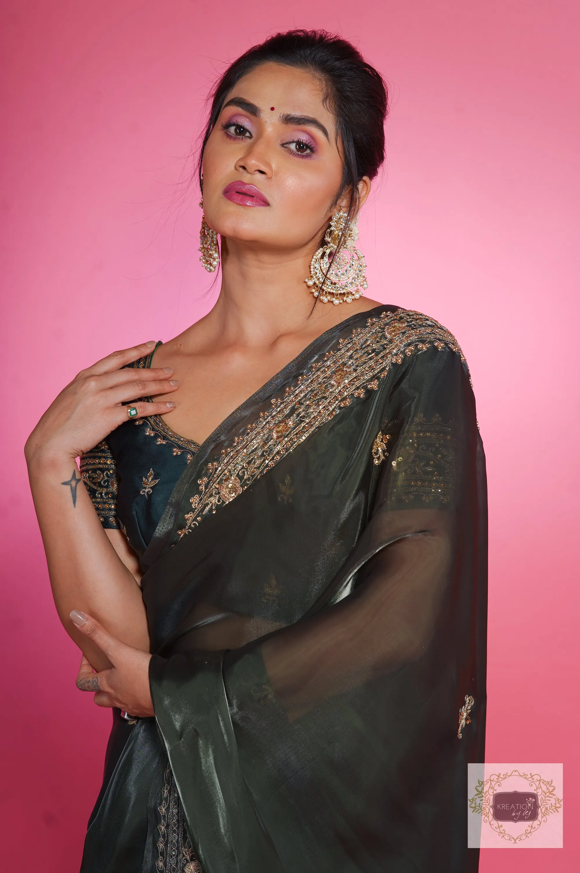 Dark Green Zarina Glassy Organza Saree