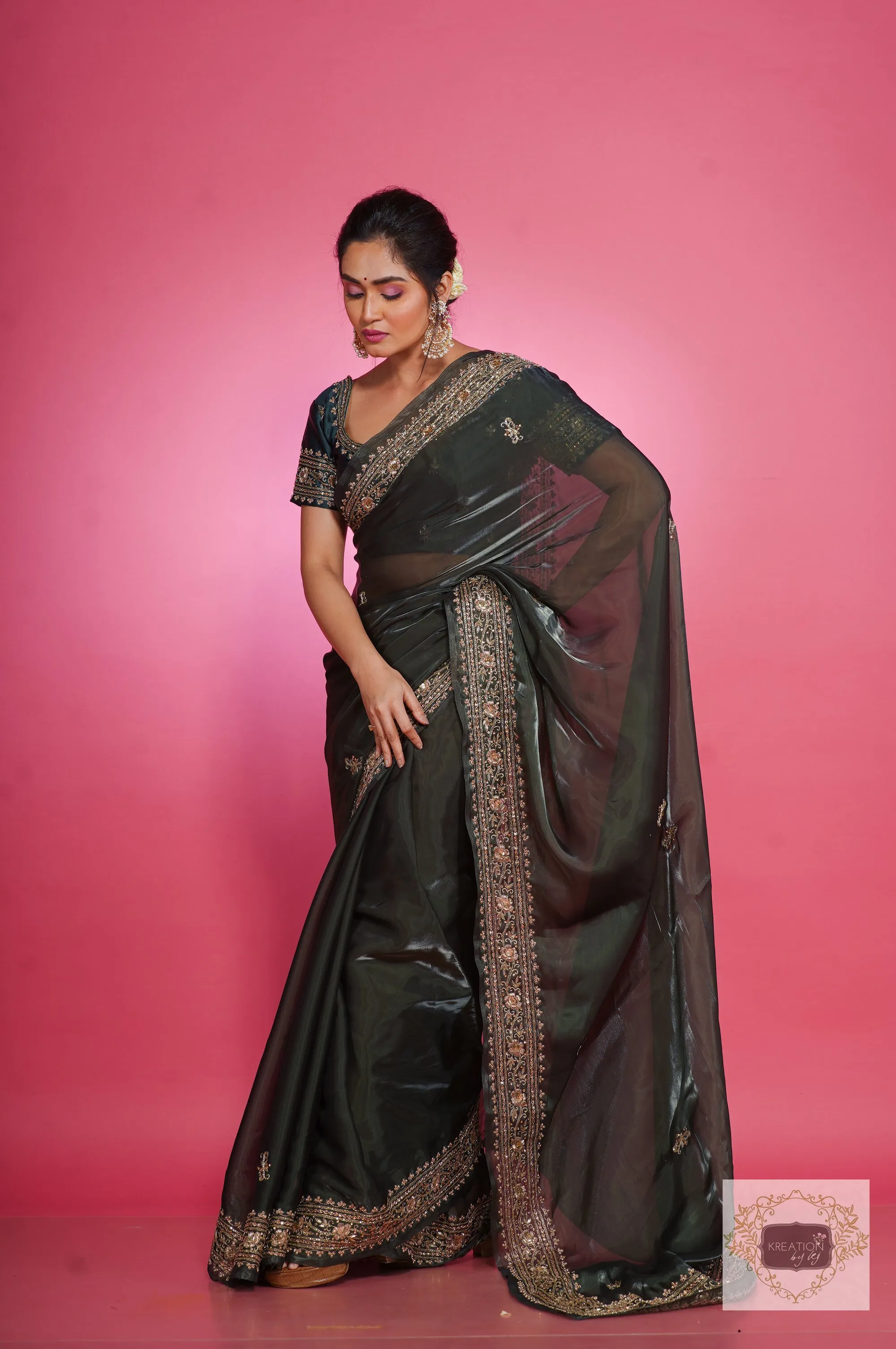 Dark Green Zarina Glassy Organza Saree