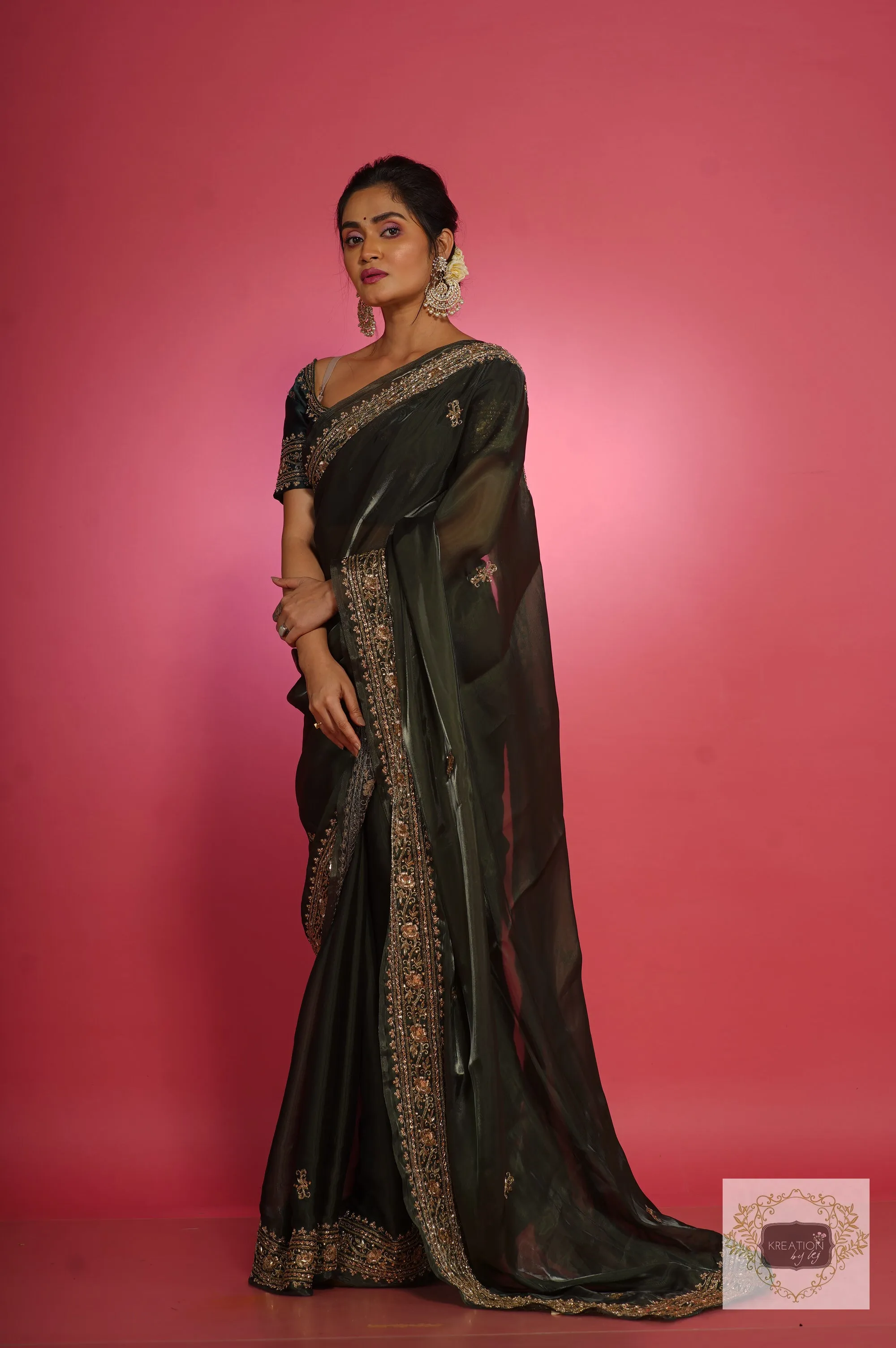 Dark Green Zarina Glassy Organza Saree