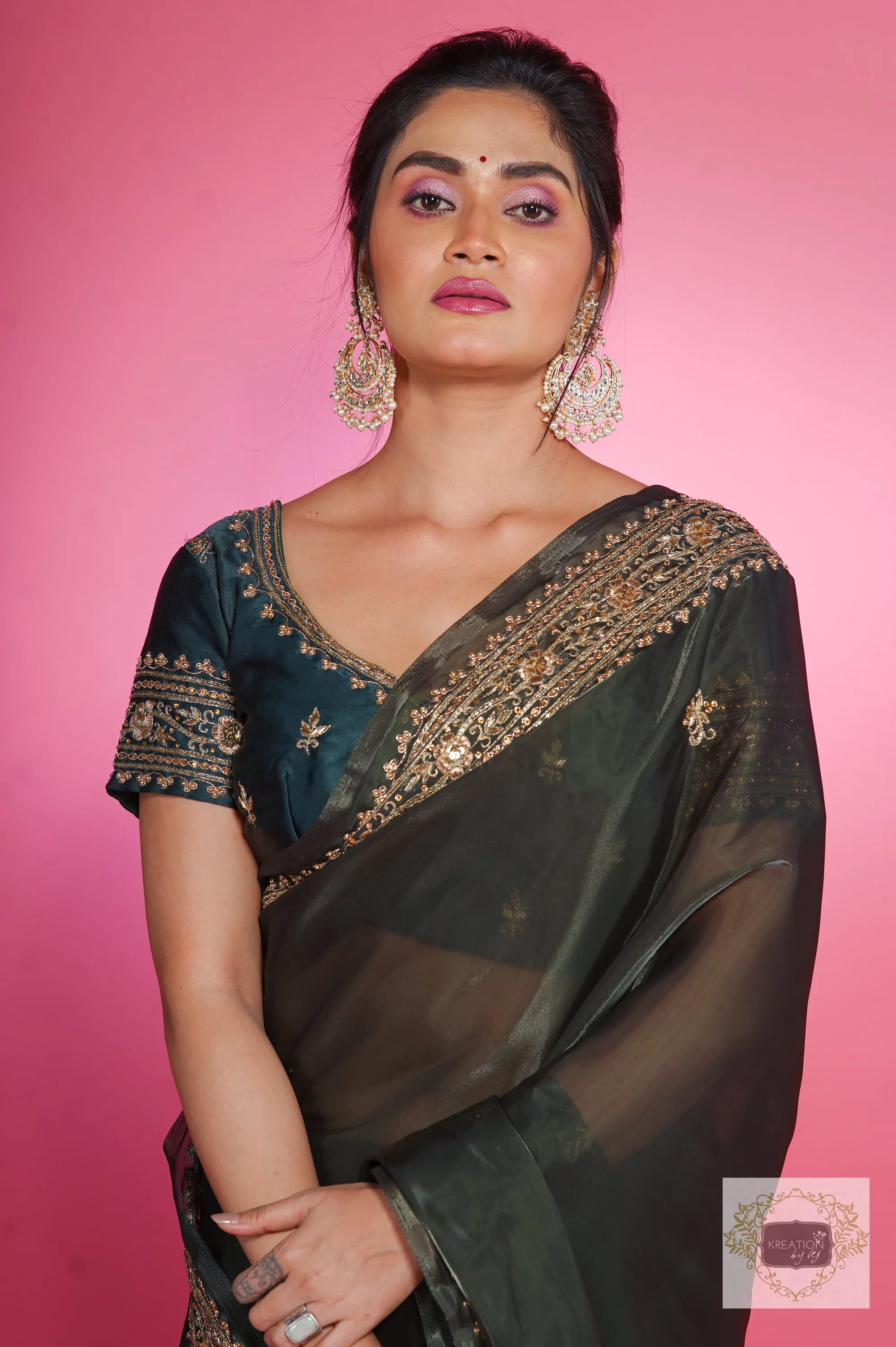 Dark Green Zarina Glassy Organza Saree