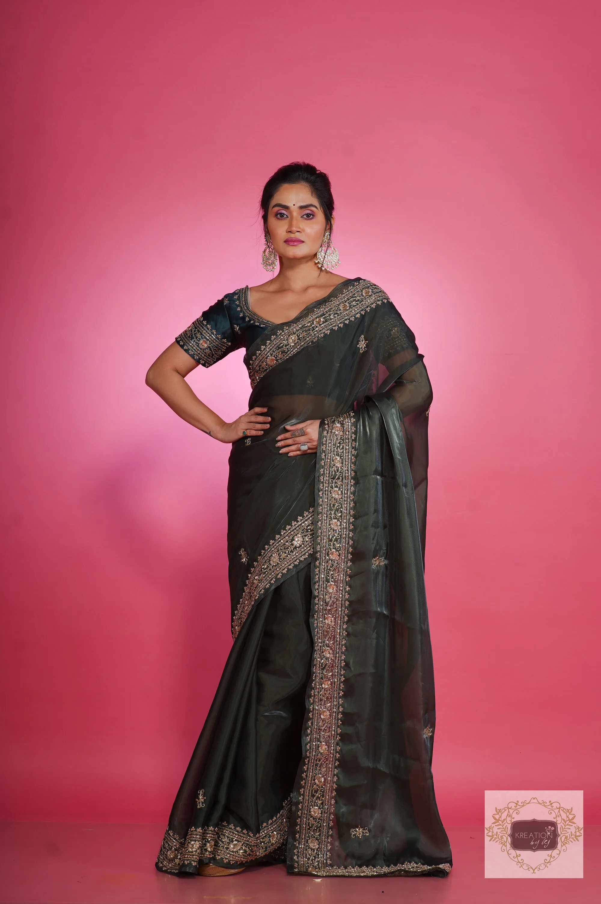 Dark Green Zarina Glassy Organza Saree