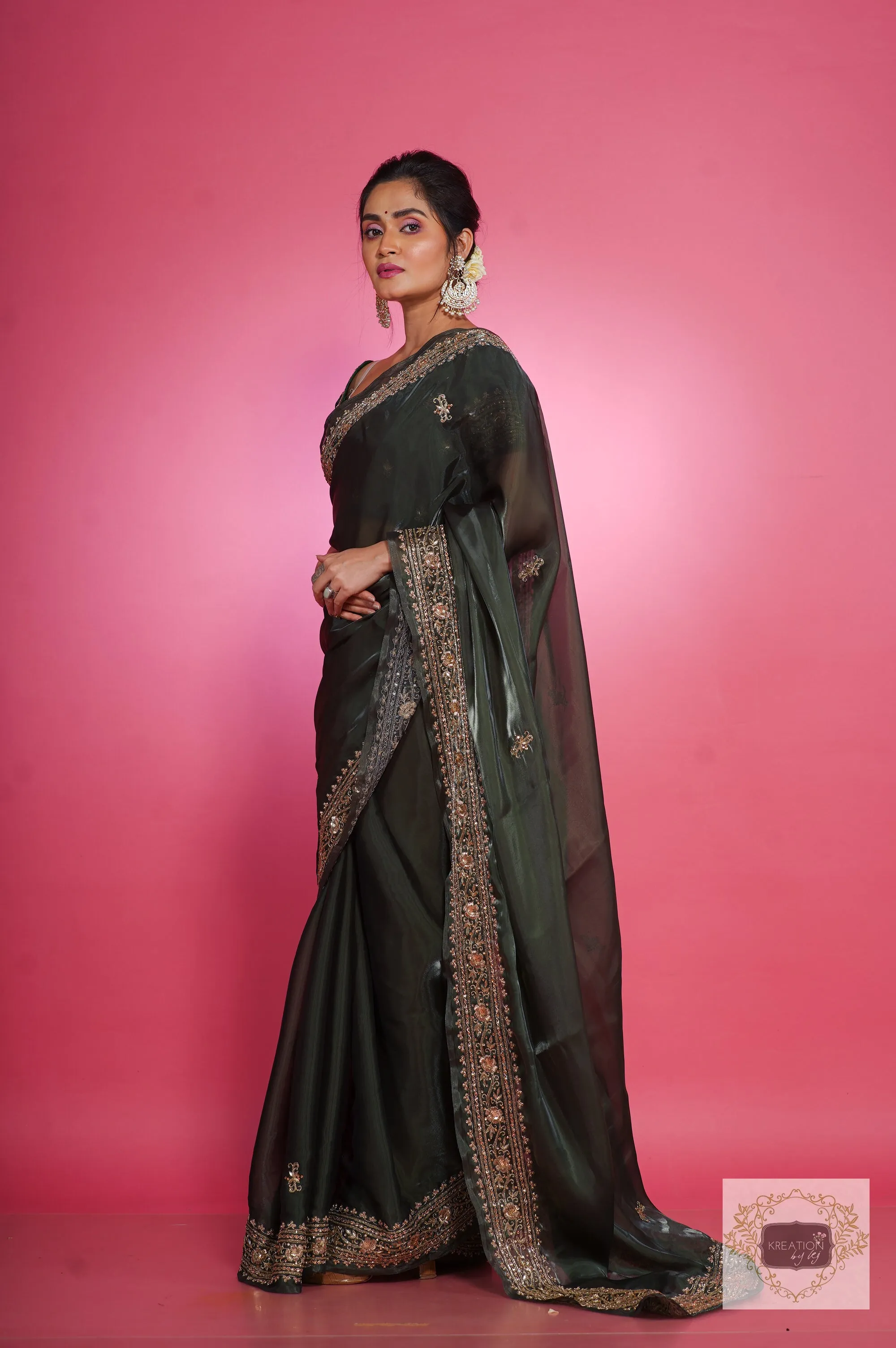 Dark Green Zarina Glassy Organza Saree