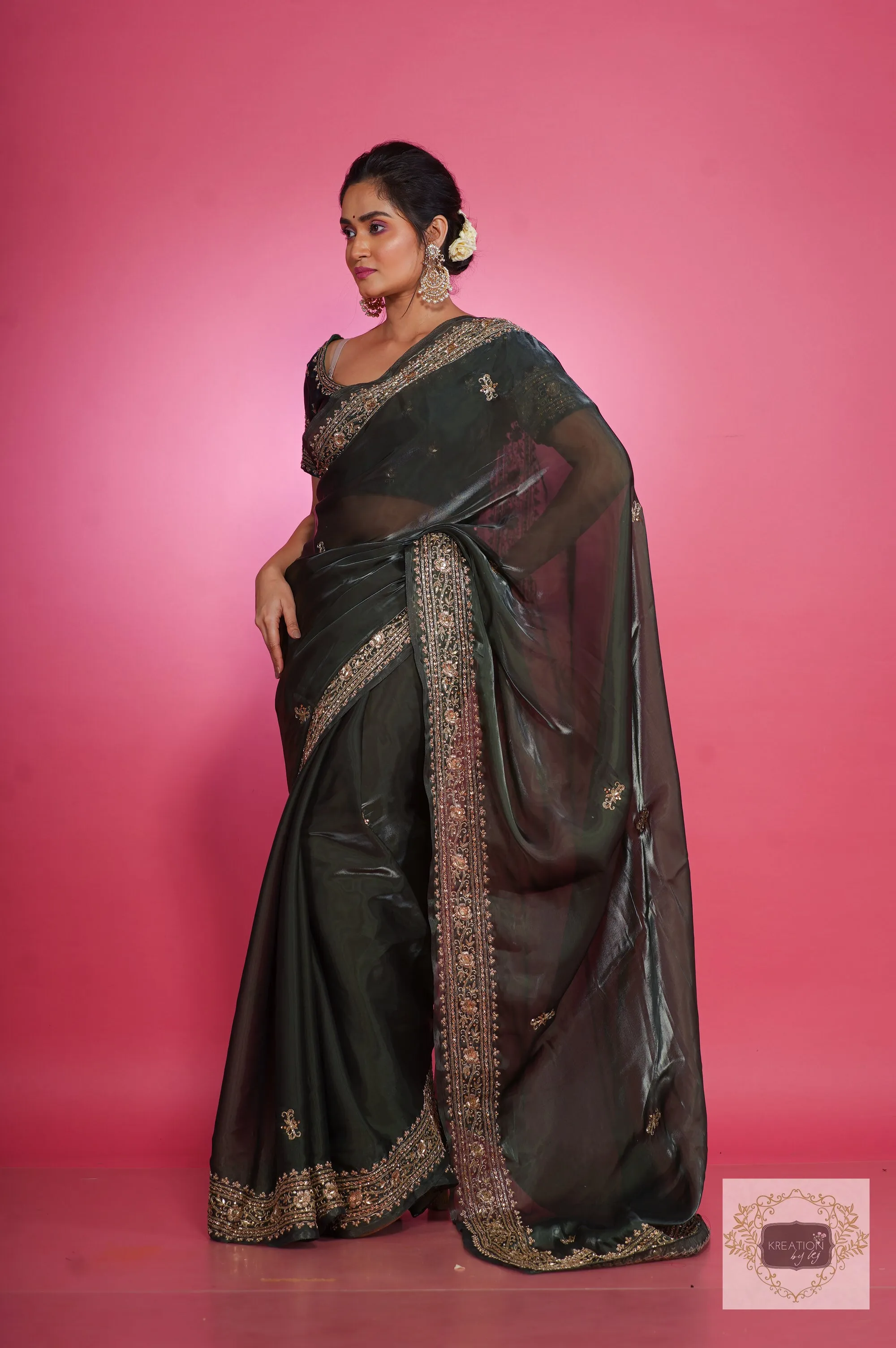 Dark Green Zarina Glassy Organza Saree