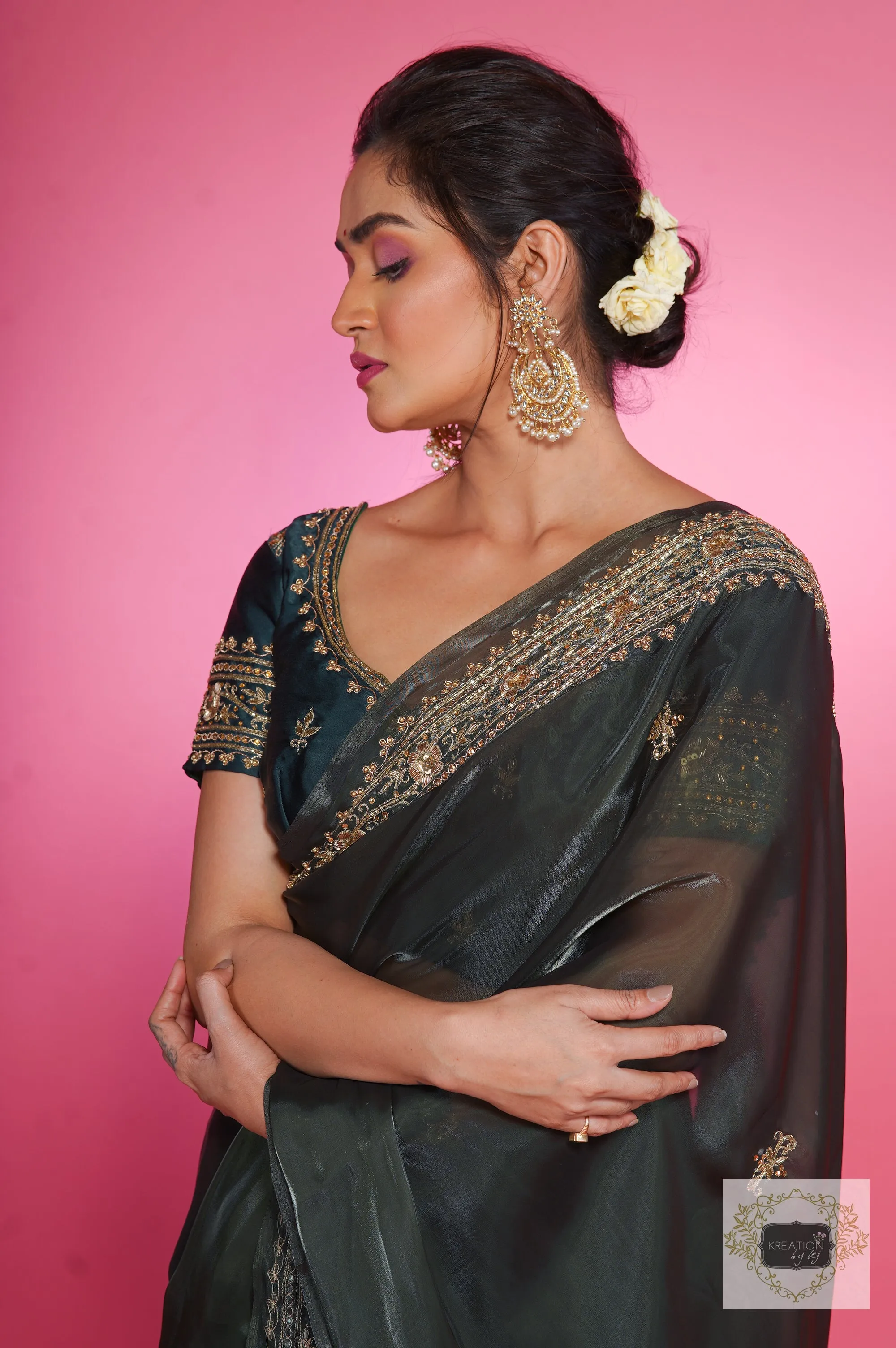 Dark Green Zarina Glassy Organza Saree