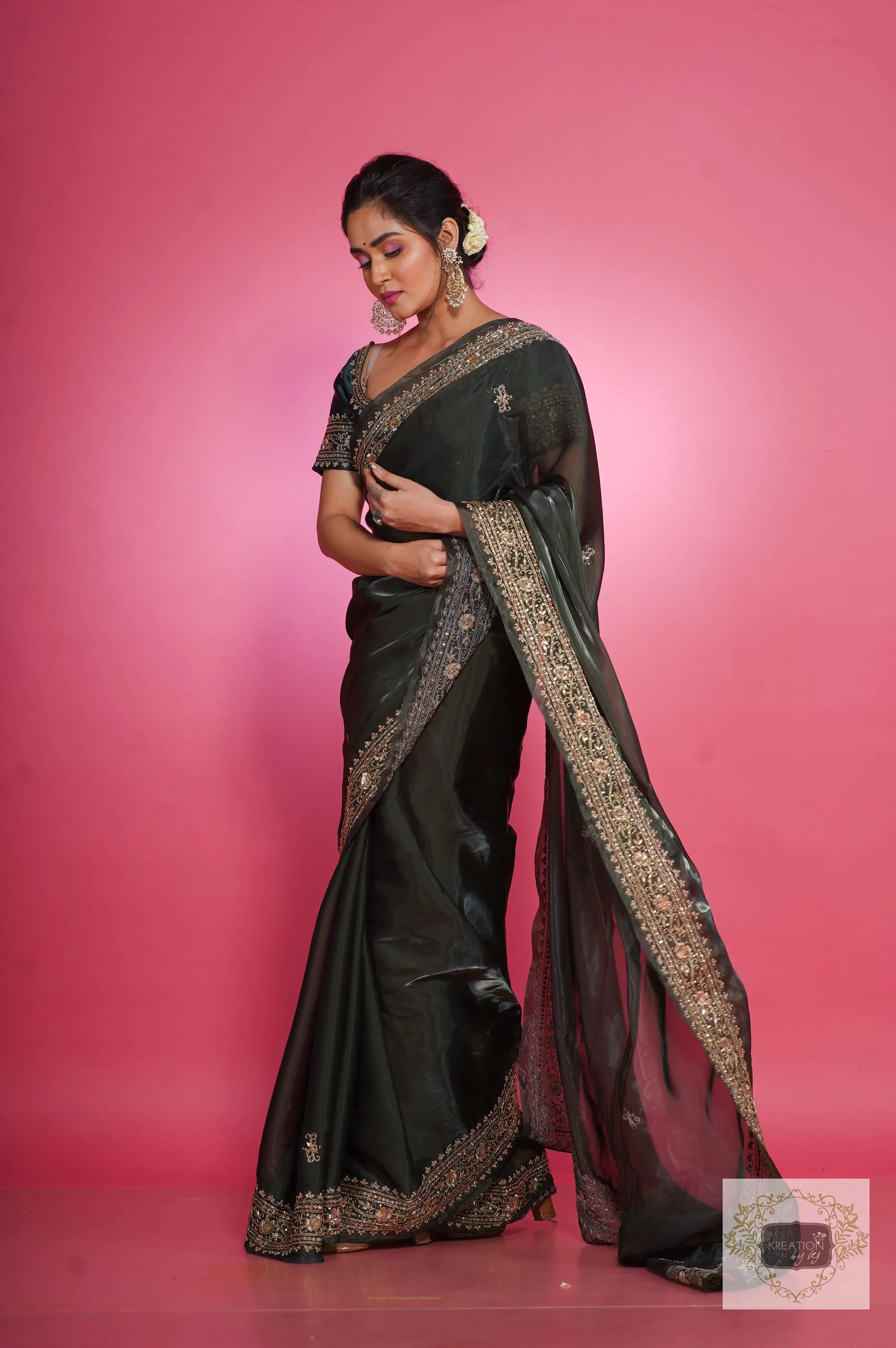 Dark Green Zarina Glassy Organza Saree