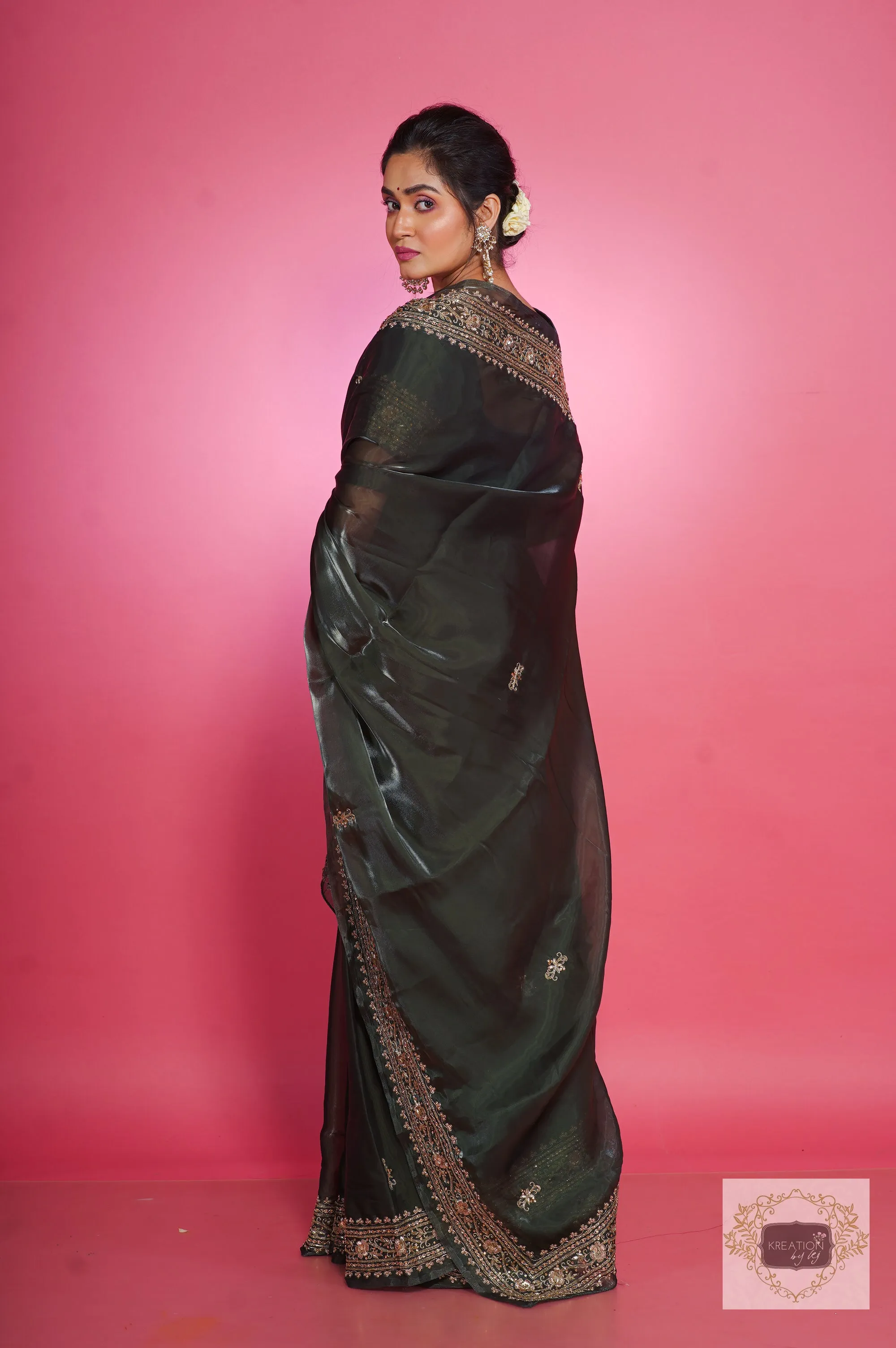 Dark Green Zarina Glassy Organza Saree