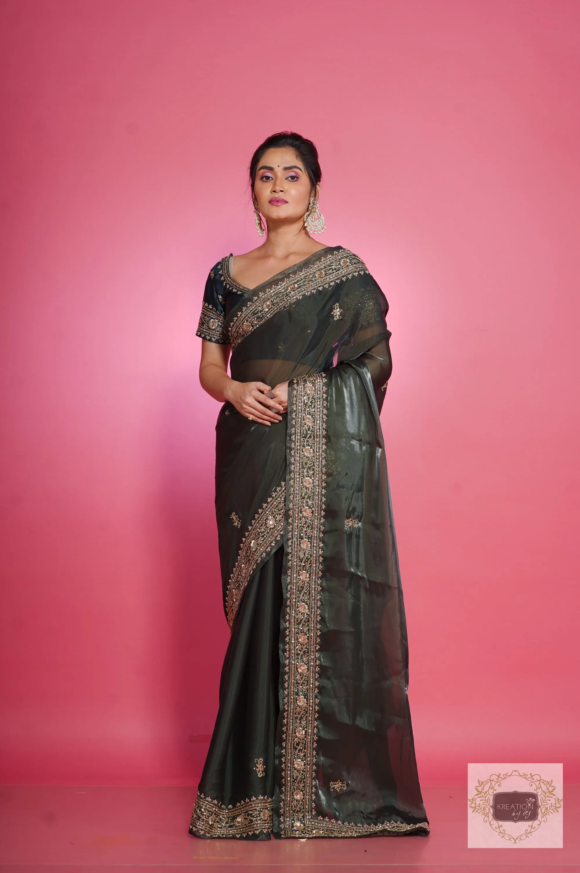 Dark Green Zarina Glassy Organza Saree