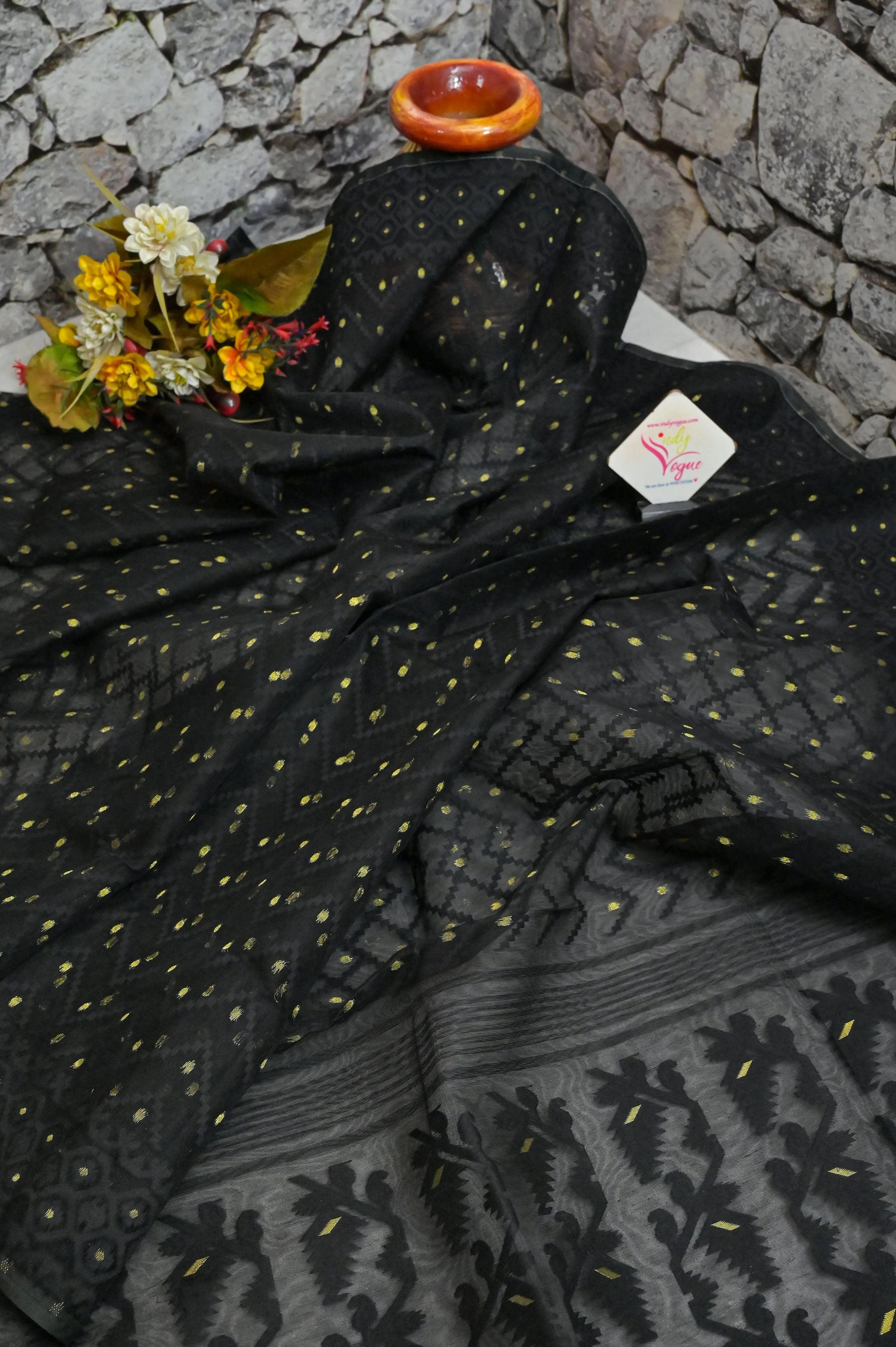 Deep Black Color Jamdani Saree with Embroidered Blouse Piece