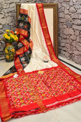 Deep Offwhite Color Ikat Patola Silk Saree with One-Sided Broad Border