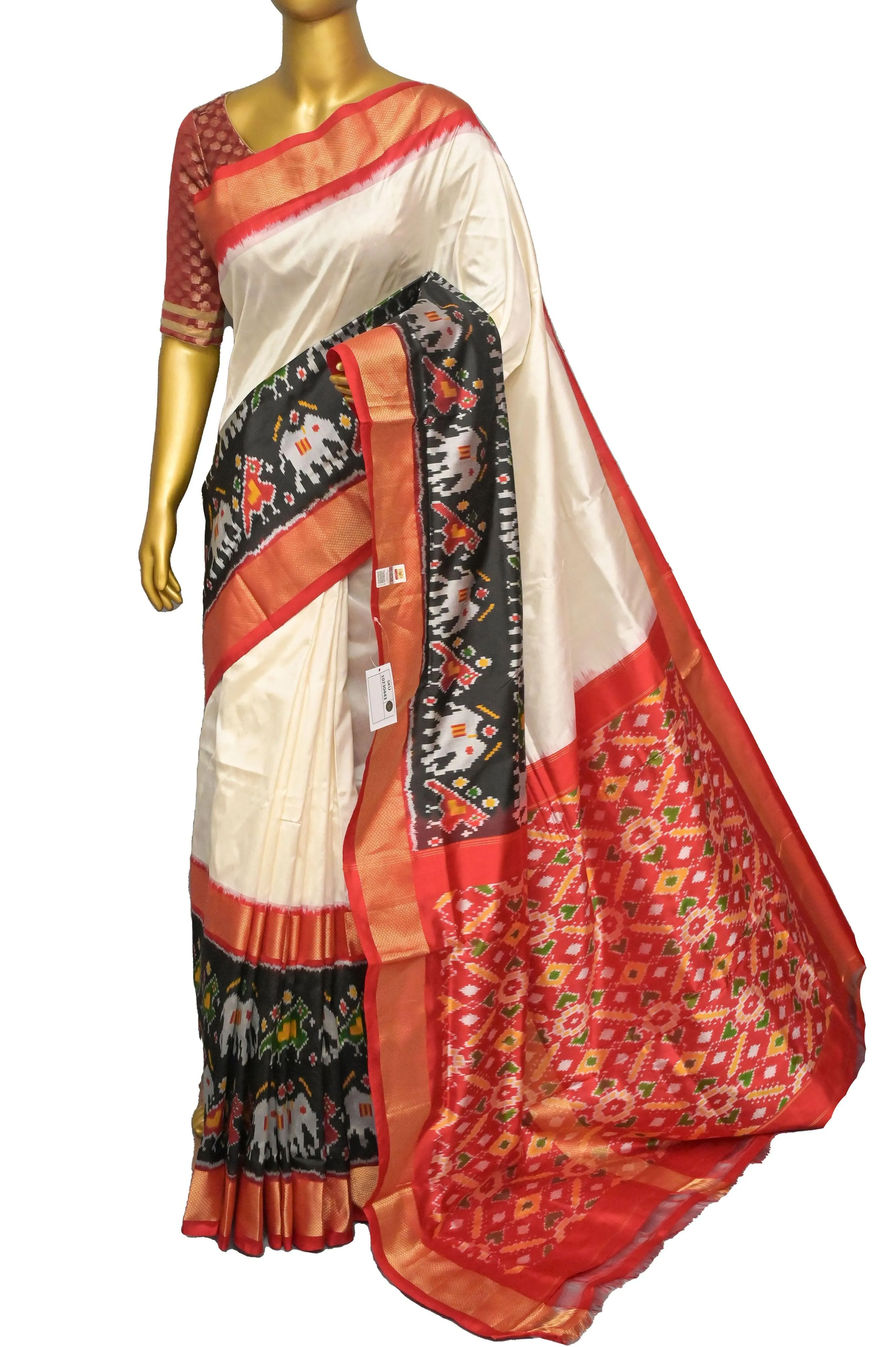 Deep Offwhite Color Ikat Patola Silk Saree with One-Sided Broad Border