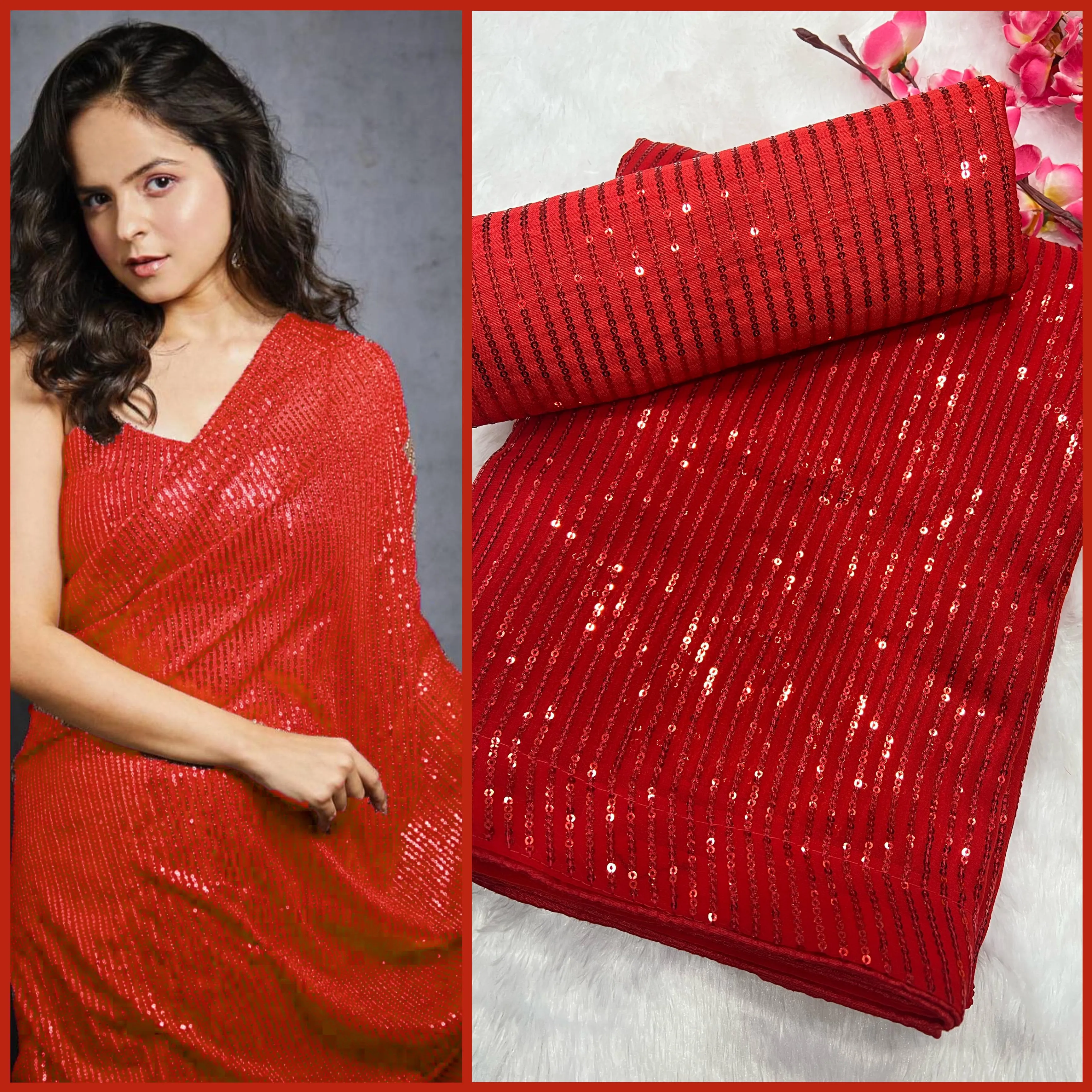 Delightful Red Color Sequins Embroidery Work With Heavy Georgette Saree