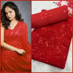 Delightful Red Color Sequins Embroidery Work With Heavy Georgette Saree