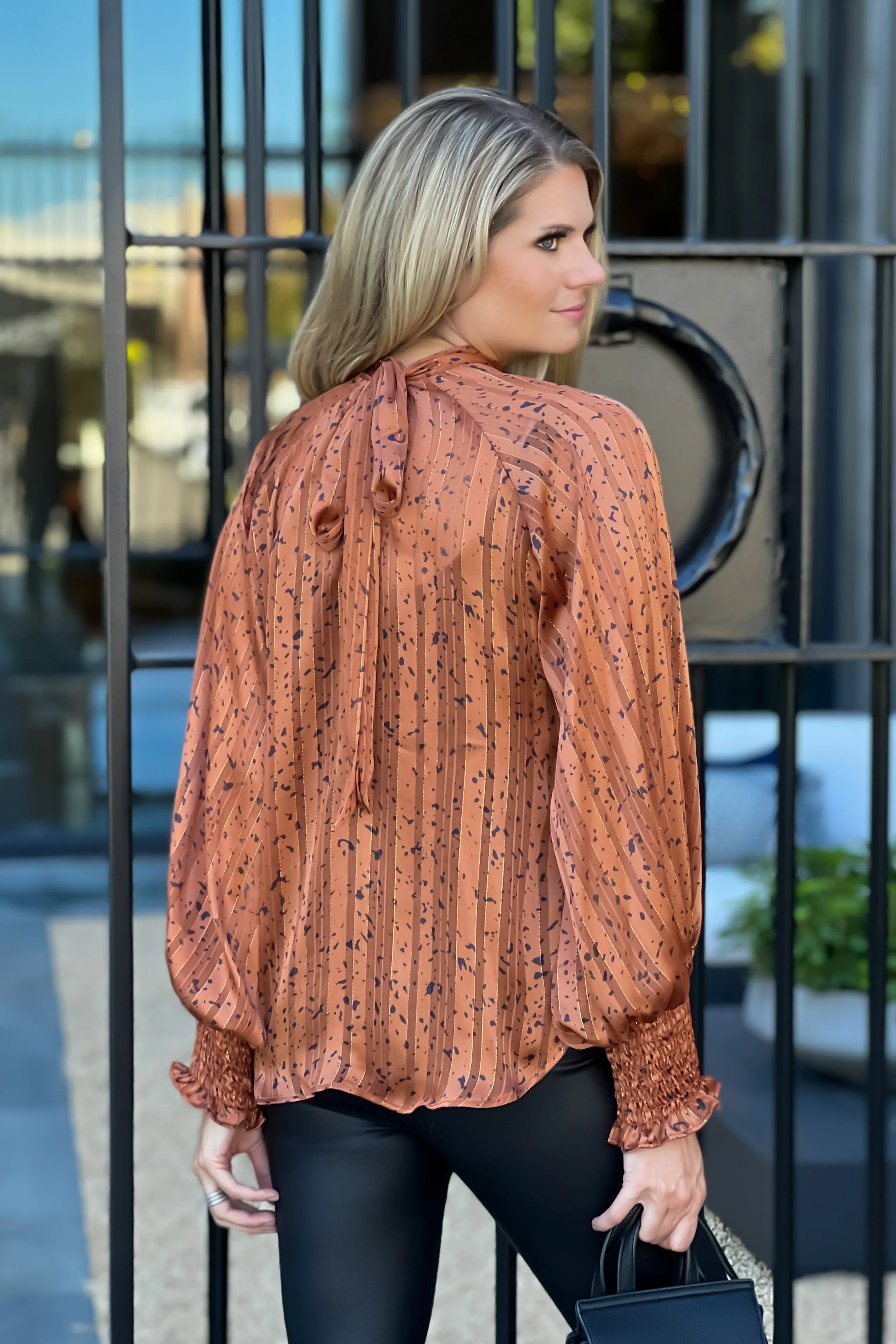 Dream Again Tie Neck Bubble Sleeve Blouse : Cognac/Black