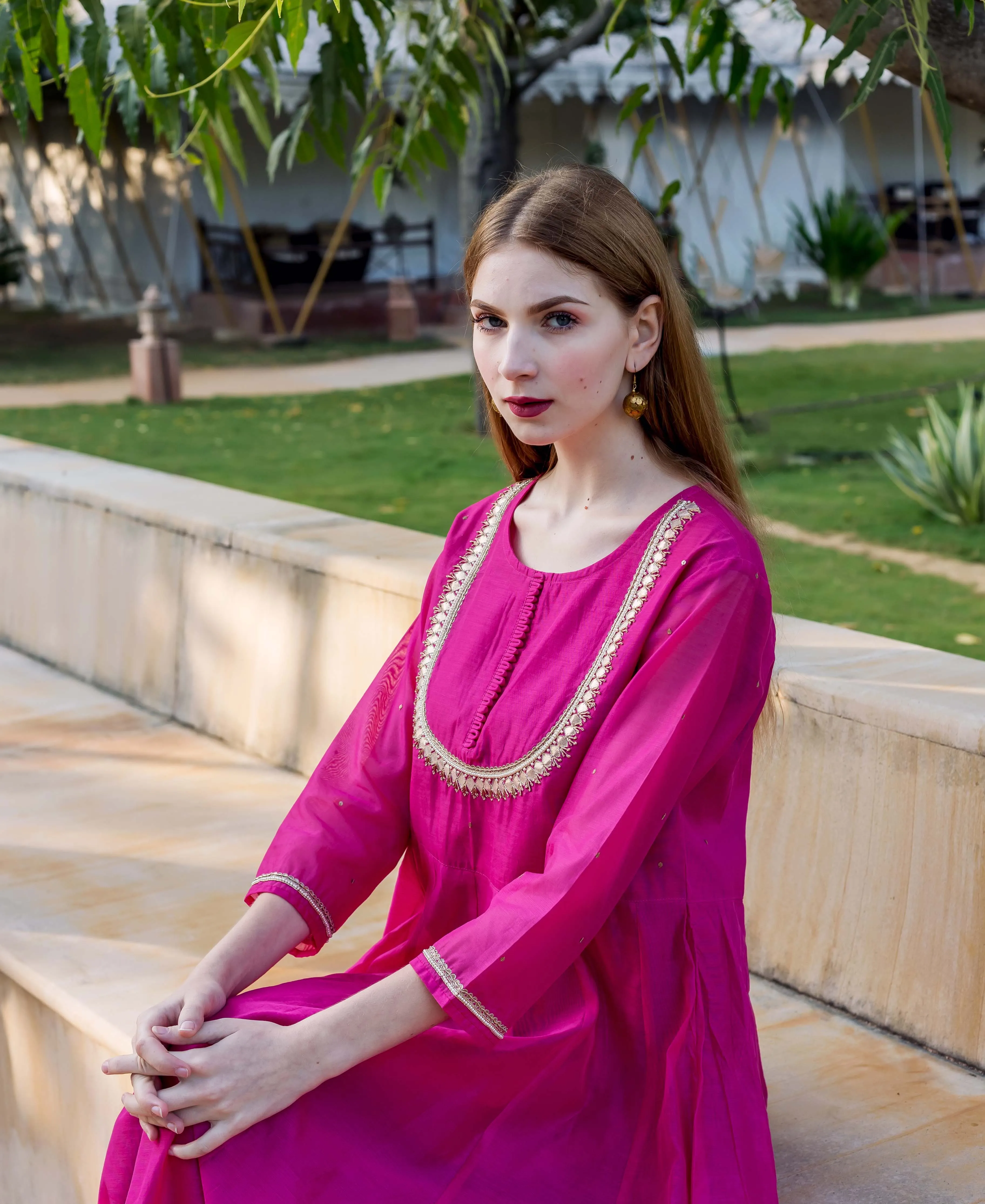 Eshika Raspberry Pink Embroidered Chanderi Dress