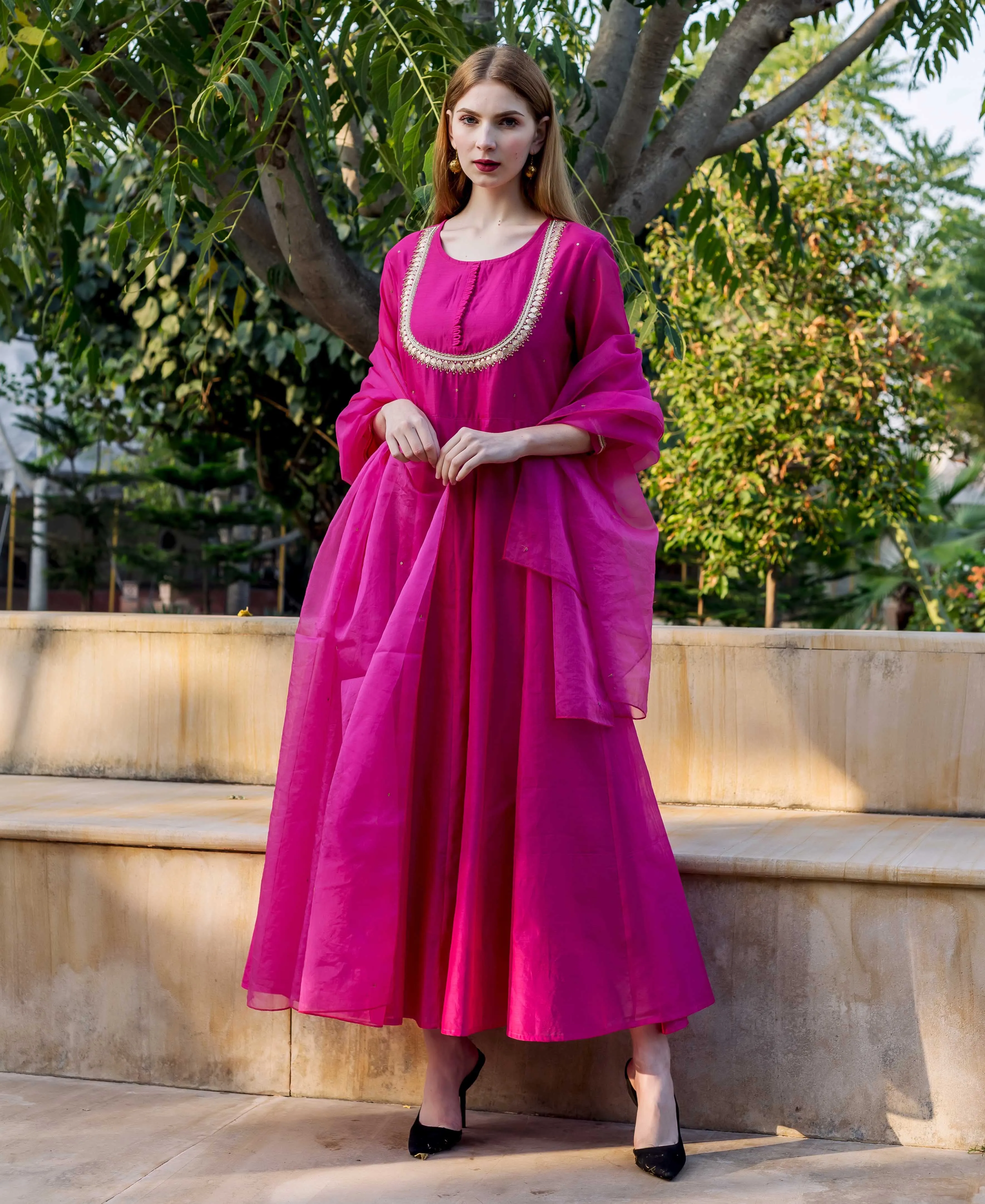 Eshika Raspberry Pink Embroidered Chanderi Dress