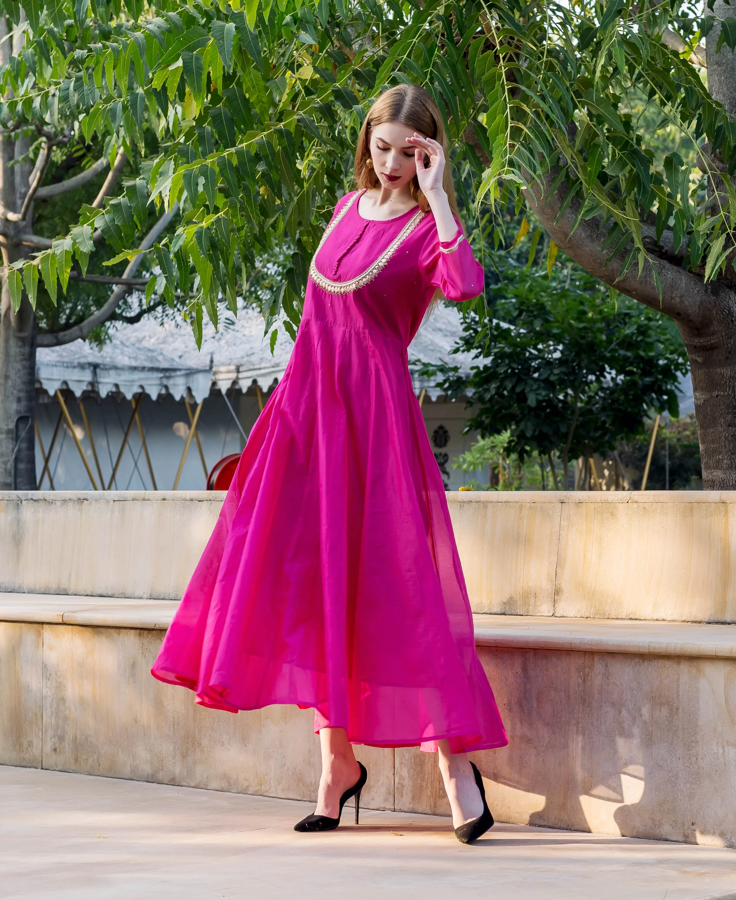 Eshika Raspberry Pink Embroidered Chanderi Dress