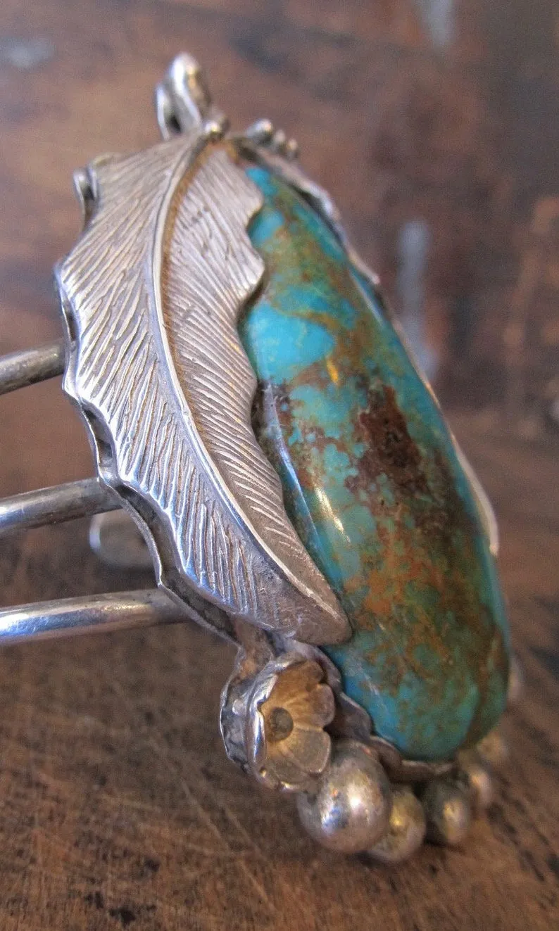 FALLING LEAVES 1960s Sterling Silver & Teardrop Turquoise Cuff