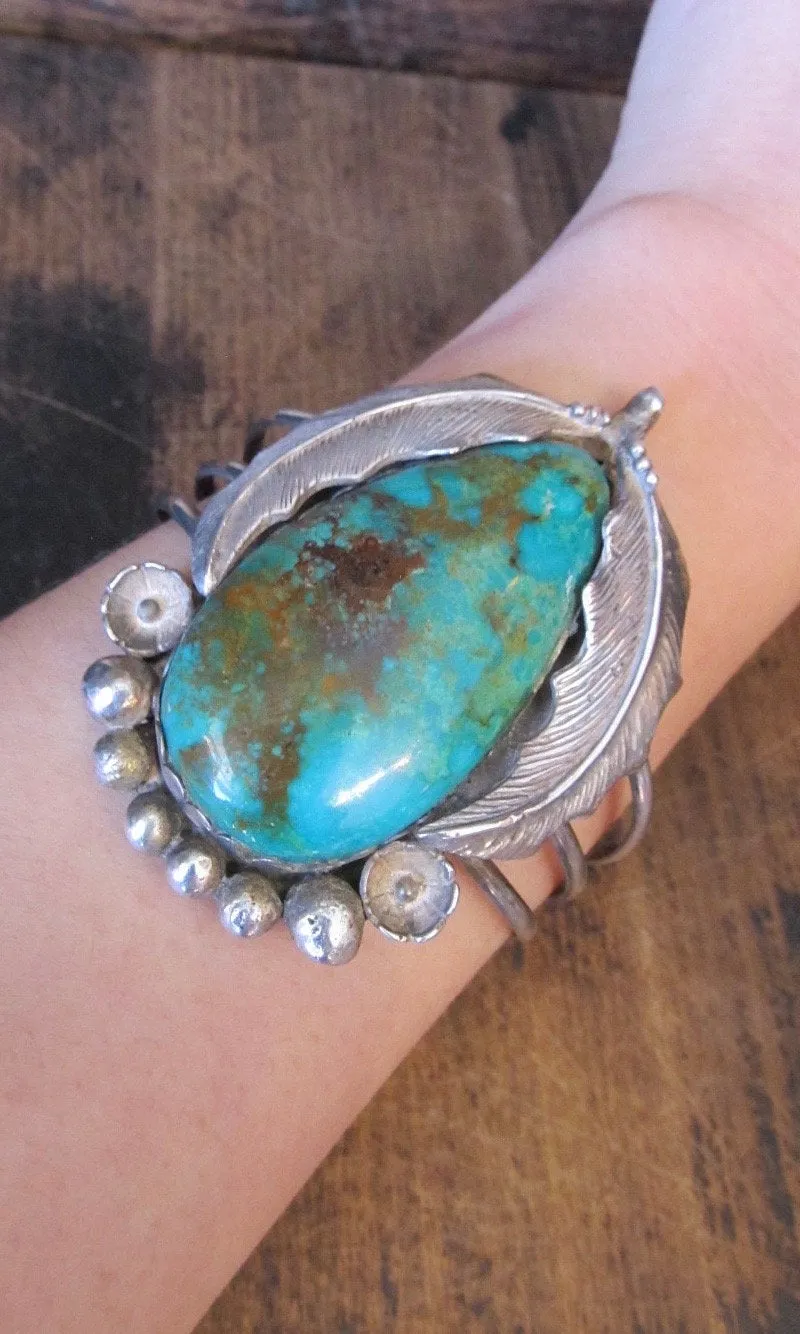 FALLING LEAVES 1960s Sterling Silver & Teardrop Turquoise Cuff