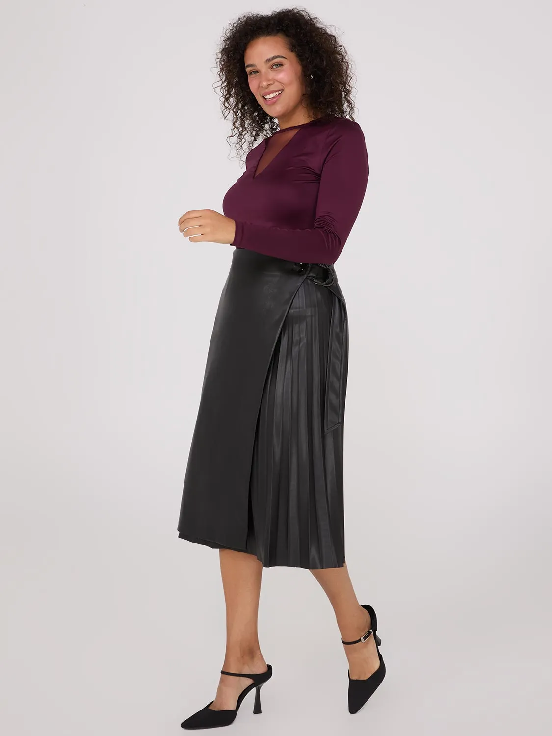 Faux Leather Wrap Midi Skirt