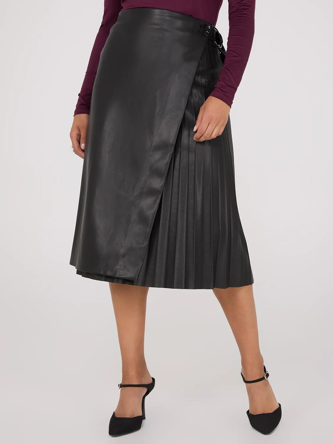 Faux Leather Wrap Midi Skirt