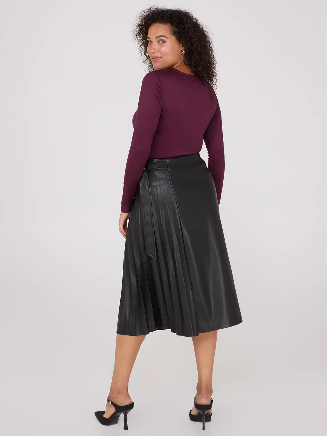 Faux Leather Wrap Midi Skirt